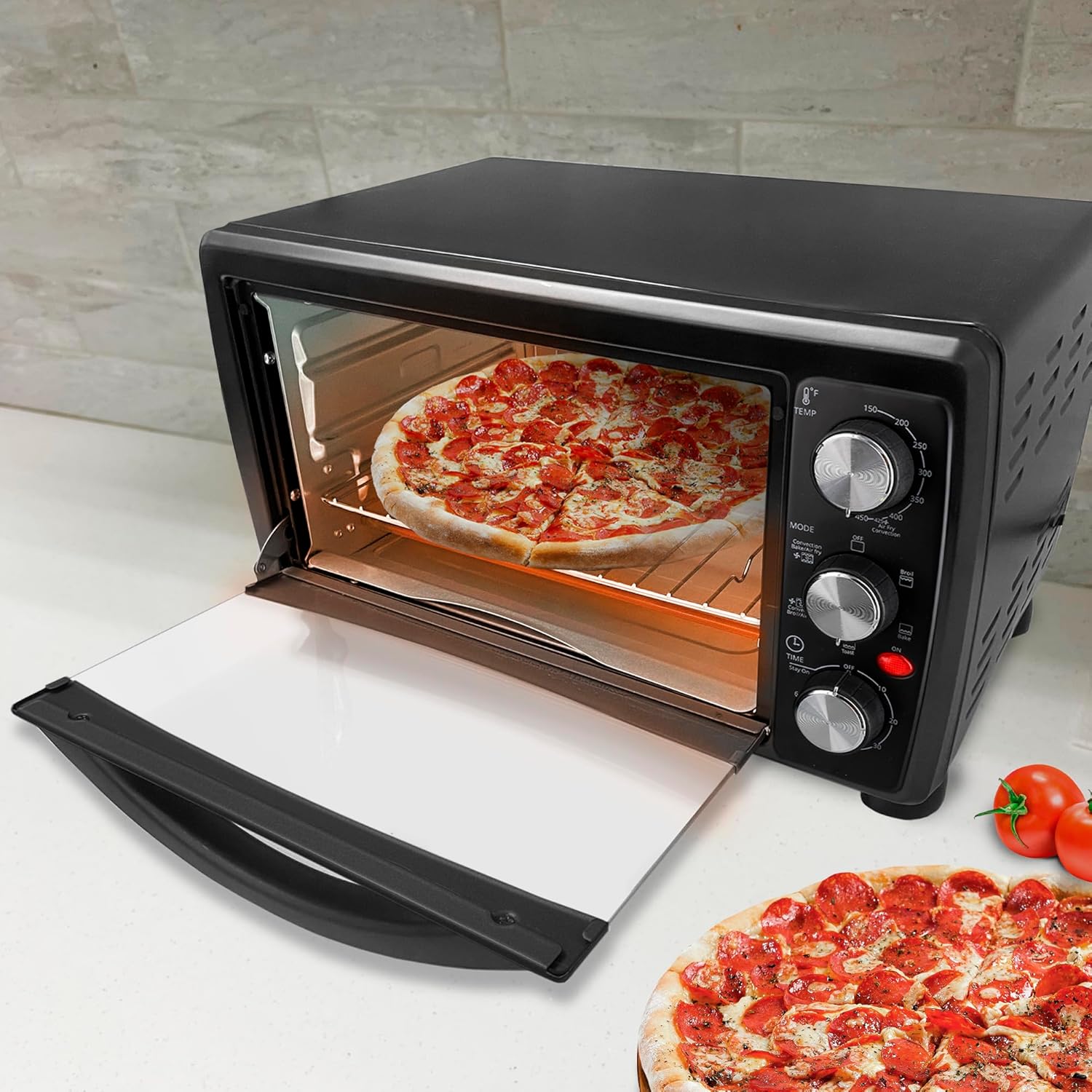 Aiwa 1400W Toaster Oven 6 Slice with Baking Tray, Air Fry Bake Toast Cook and Broil, Temperature Control, 60 Minute Timer Knob, Automatic Shutoff, Crispier Mesh Baking Tray and Crumb Tray Included