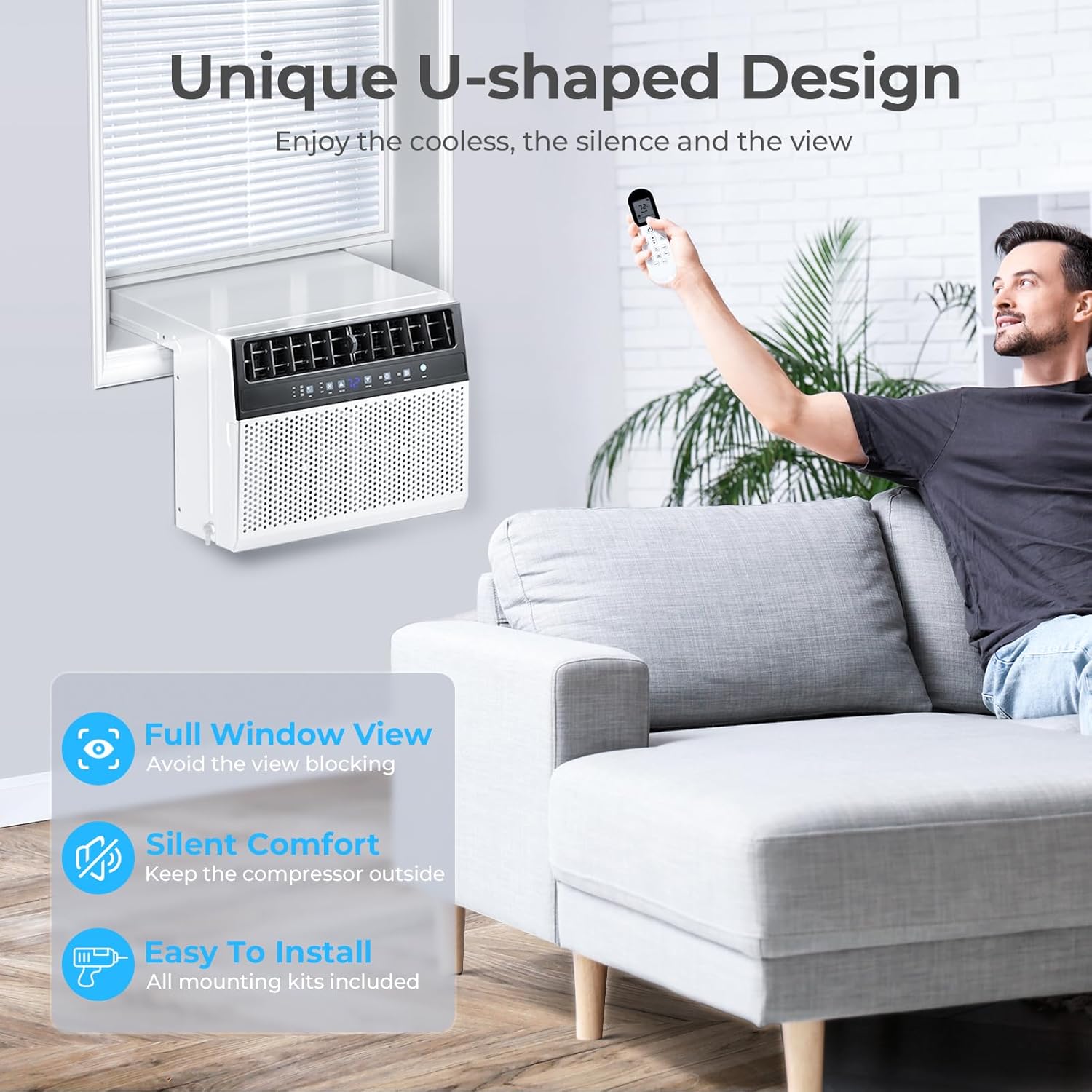U-Shaped Window Air Conditioner, 12000BTU Window AC Units Cools up to 550 Sq. Ft, 6 Modes, Saddle Window AC Unit with Full Window View, Energy Saving, Installation Kit Included, CEER 10.5