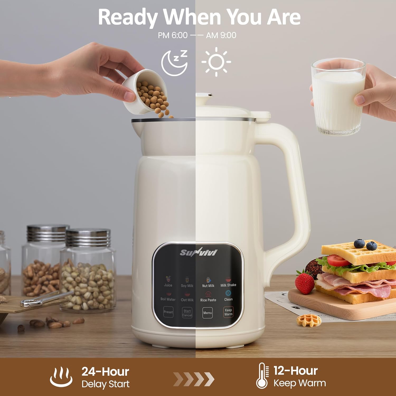 60oz Nut Milk Maker Machine: 8 in 1 Soy Milk Maker with Delay Start/Keep Warm/Self Clean, Food Processor for Soy/Nut/Oat Milk, Juice, Milkshake, Rice Paste and Boil Water, Kitchen Blender
