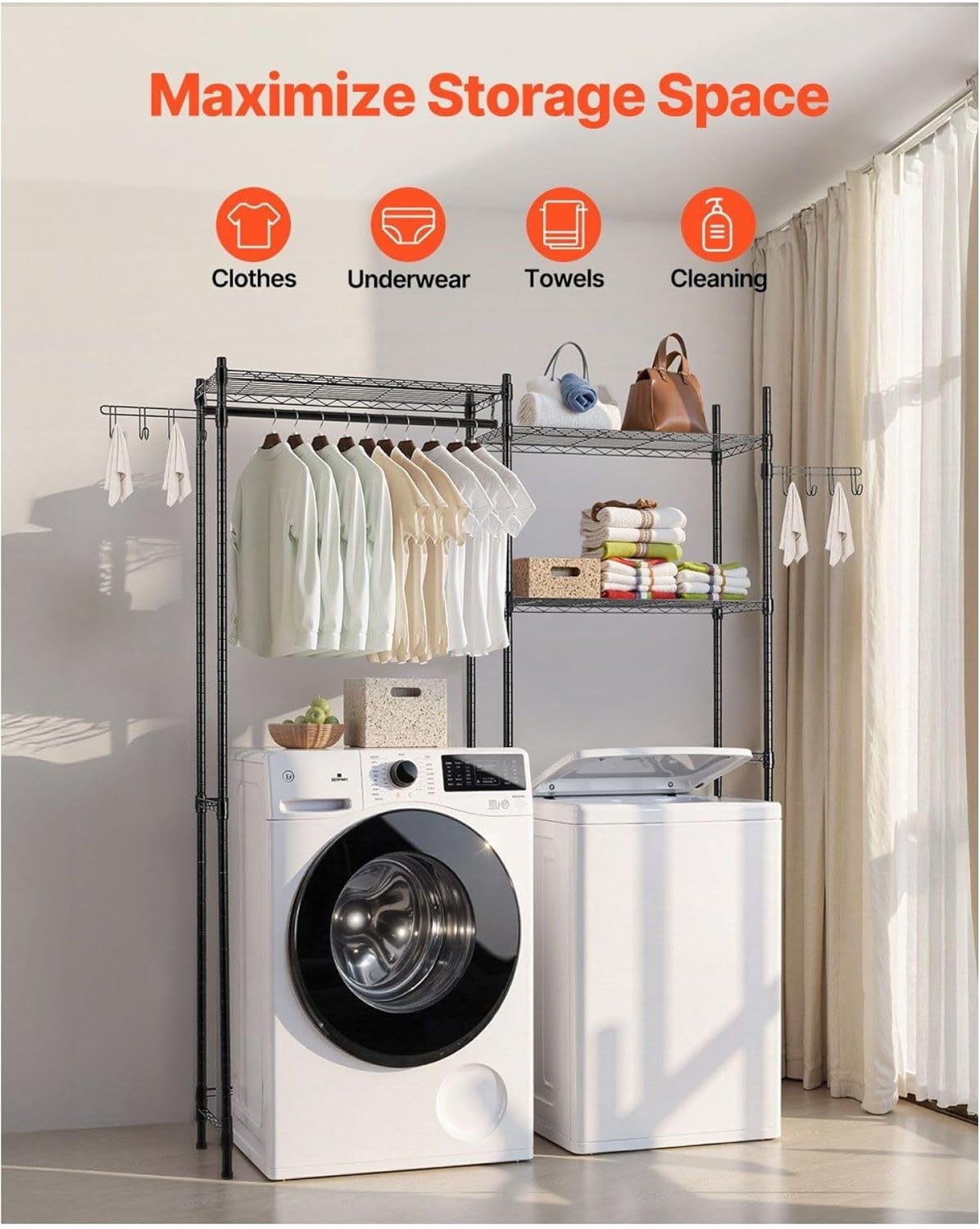 Over The Washer and Dryer Storage Shelf, 5 Tier Laundry Room Drying Rack with Hanger Rod and Hooks, Adjustable Over Washer and Dryer Shelves, Laundry Room Shelf Storage Space Saver, Black