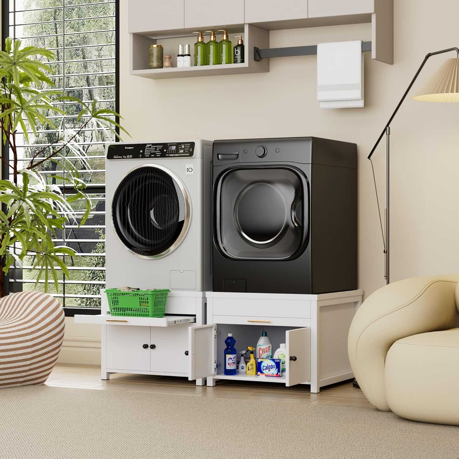 Washer and Dryer Pedestals, Washer and Dryer Stand with Door, Heavy Duty Metal Washing Machine Stand with Laundry Basket Shelf, Universal Fit Anti-Vibration Laundry Pedestal, 810 LBS Capacity