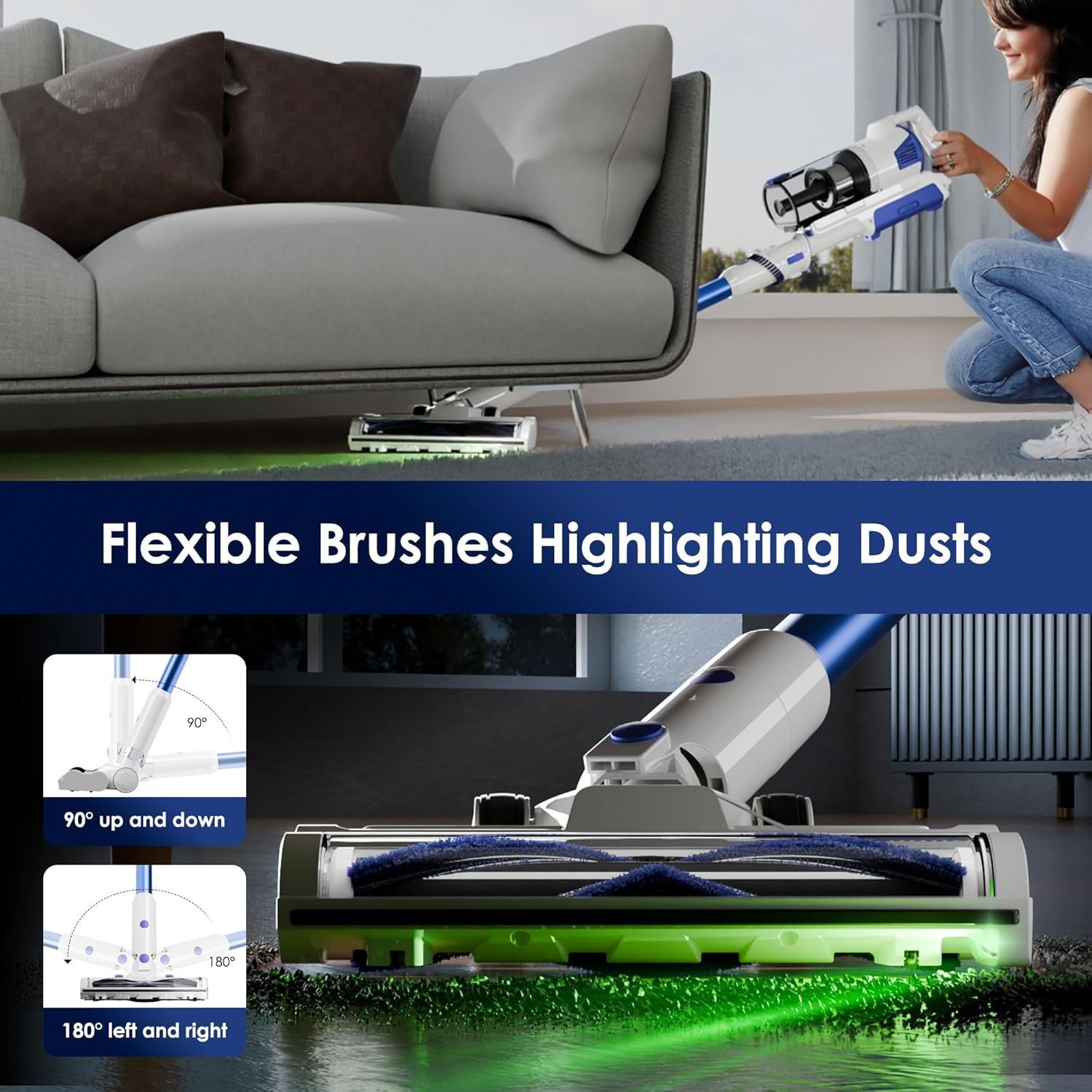 Cordless Vacuum Cleaner with Self-Standing, 45KPA Stick Vacuum, 88,000RPM Brushless Motor & LED Display, Anti-Tangle, Lightweight Vacuum Cleaners for Home, Pet Hair, Hardwood Floors, Azure