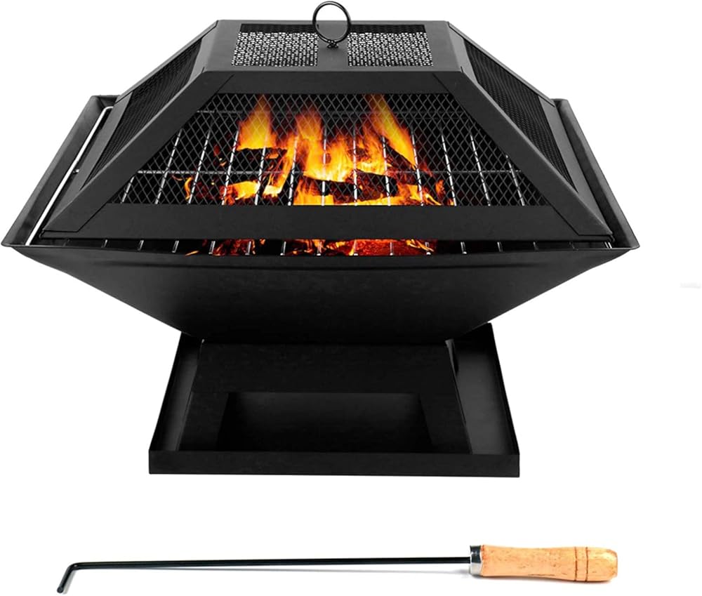 Fire Pit Outdoor Wood Burning Firepit, Steel Fire Pit with Spark Screen Fireplace Poker 18 Inch Firebowl