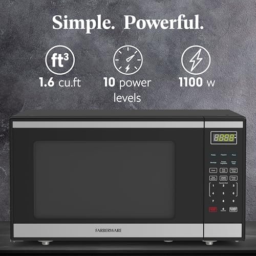 Farberware 1.6 Cu. Ft. Countertop Microwave Oven – 1100 Watts Power, Auto Cook Settings, Defrost, Easy Clean and Child Safety Lock - Stainless