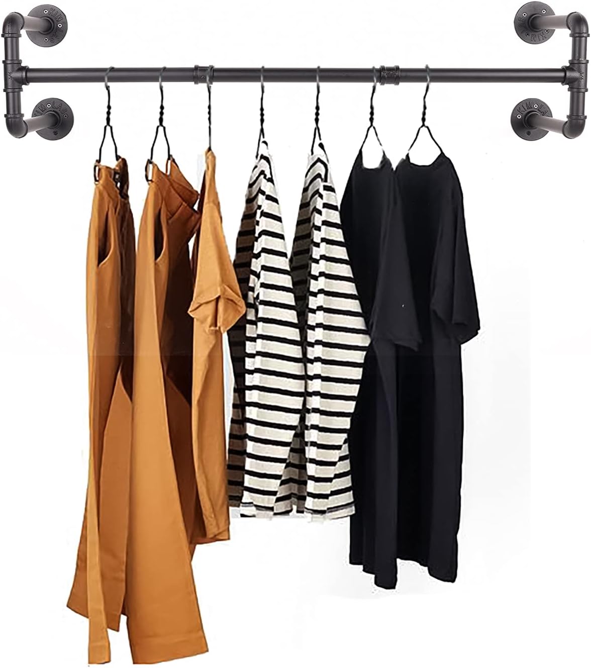 54” Wall Mounted Clothes Rack, Industrial Pipe Black Iron Garment Bar, Heavy-Duty Detachable Clothing Rod, Multi-Purpose Metal Wall display Hanging Pole for Closet Storage, Laundry Room 4 Base