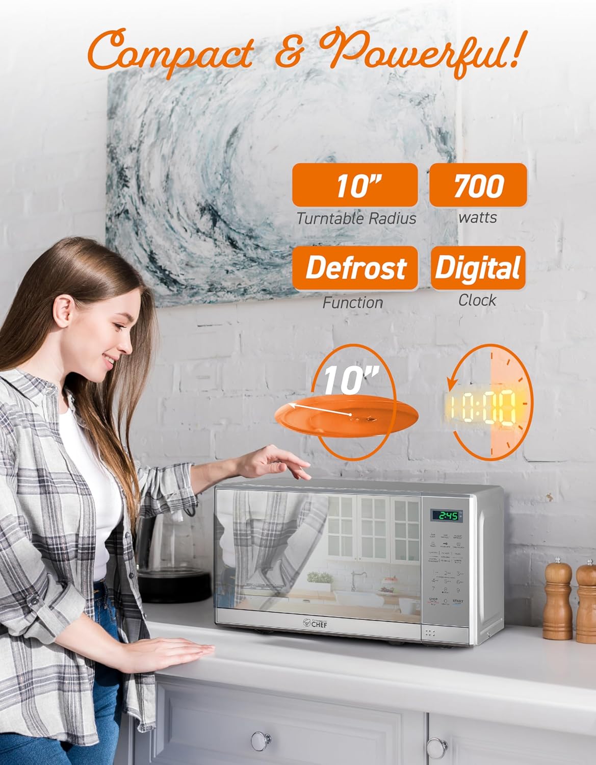 COMMERCIAL CHEF 0.7 Cu Ft Microwave with 10 Power Levels, 700W Microwave with Digital Display, Countertop Microwave with Child Safety Door Lock, Programmable with Push Button, Stainless Steel