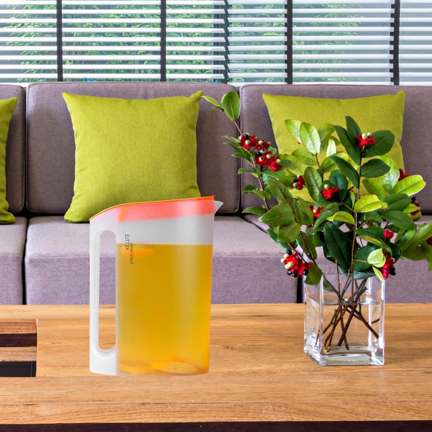 Large Capacity Plastic Water Pitcher with Handle 2200Ml Water Kettle with Orange Lid for Household Cold Beverage Serving and Summer Tea