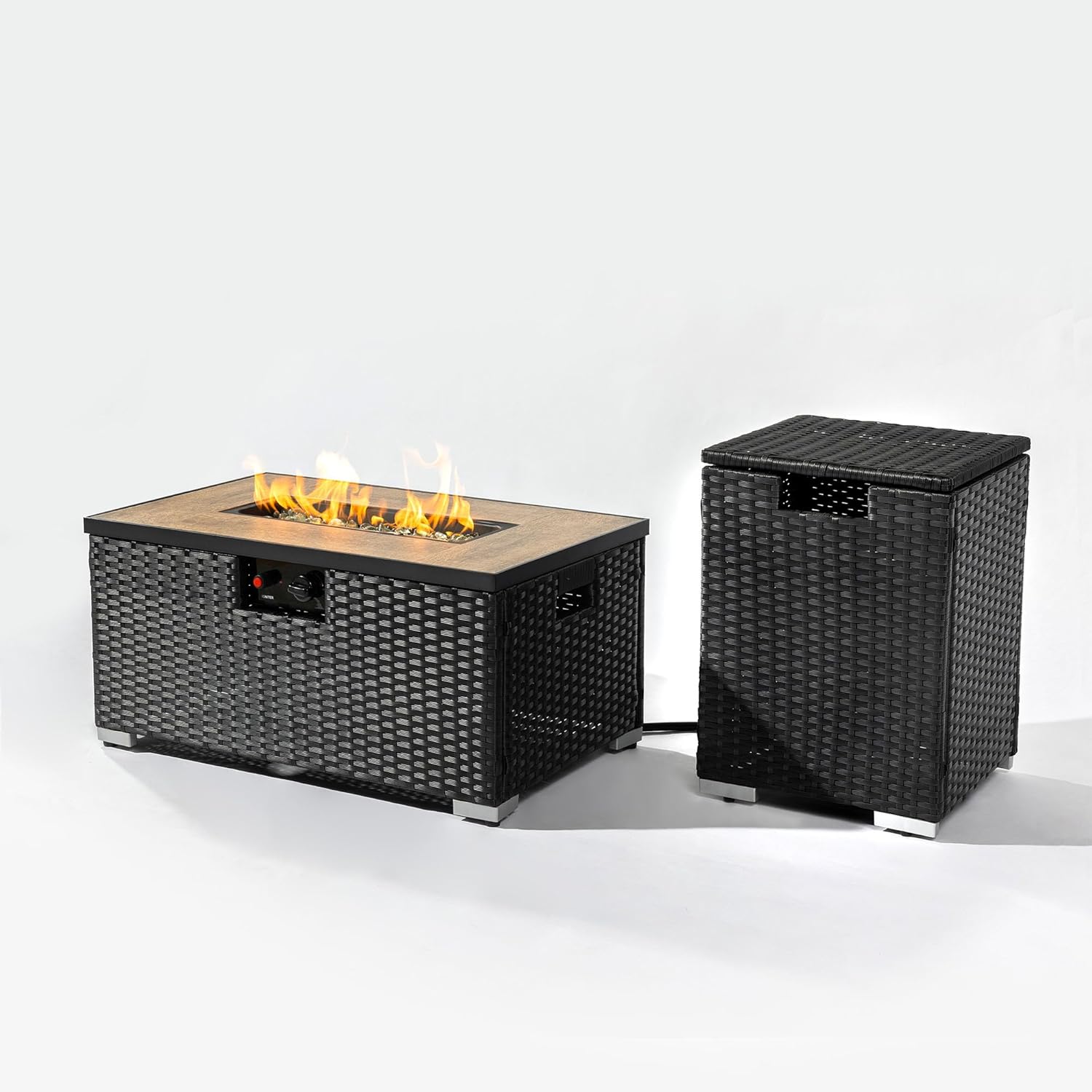 32in Gas Fire Pit Table Set, 50,000 BTU Propane Fire Pit Table Outdoor with Rain Cover, Hideaway Tank Holder Fits 20lb Tank, Gas Fire Pit for Outside w/Ceramic Tabletop and lid, Glass Rocks.