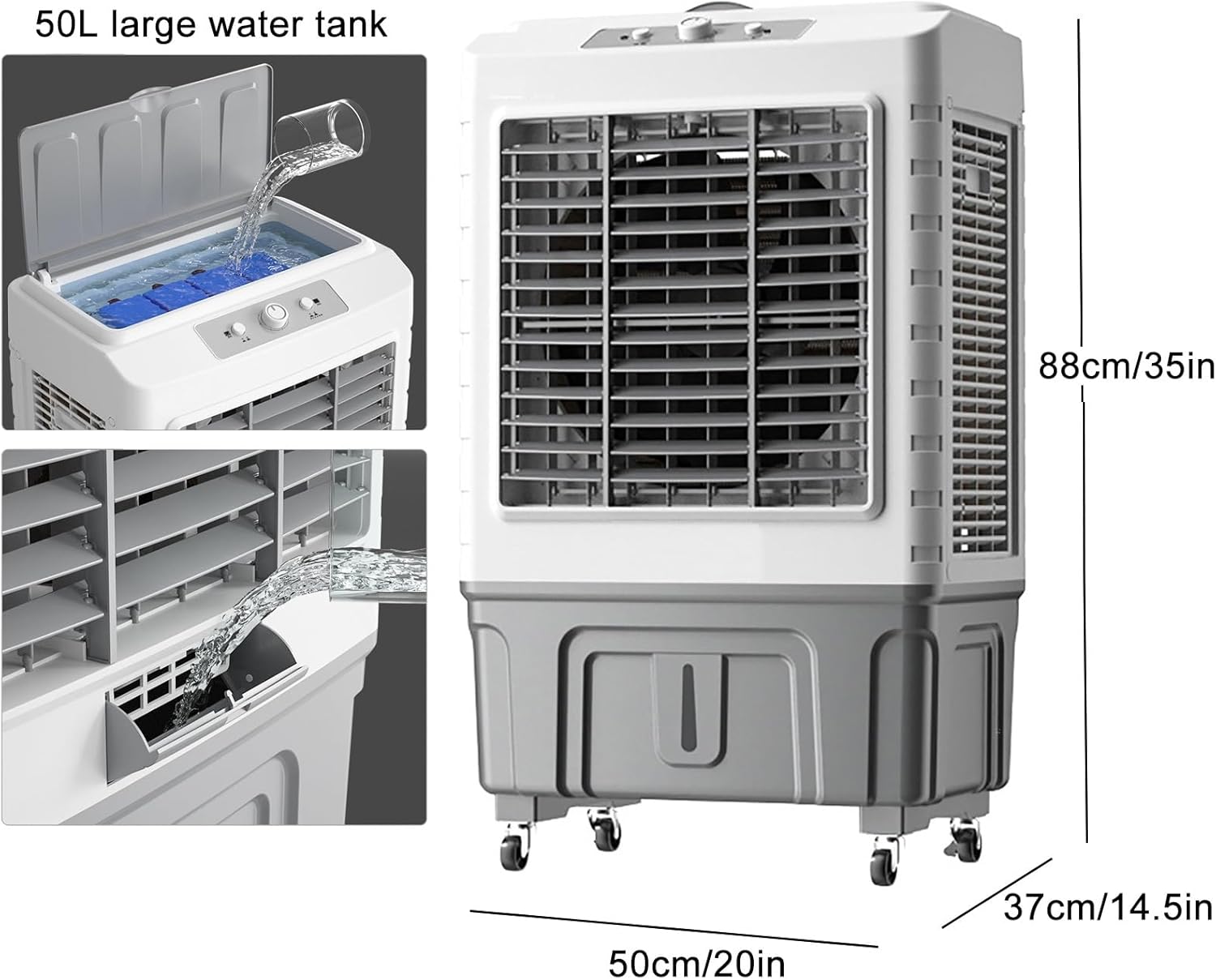 Air Coolers for Home 3 in 1 Portable Air Conditioner with 3 Speed, Evaportive Air Cooler, Humidifier, Ventilator, 120° Oscillation(Size:88cm-50L)