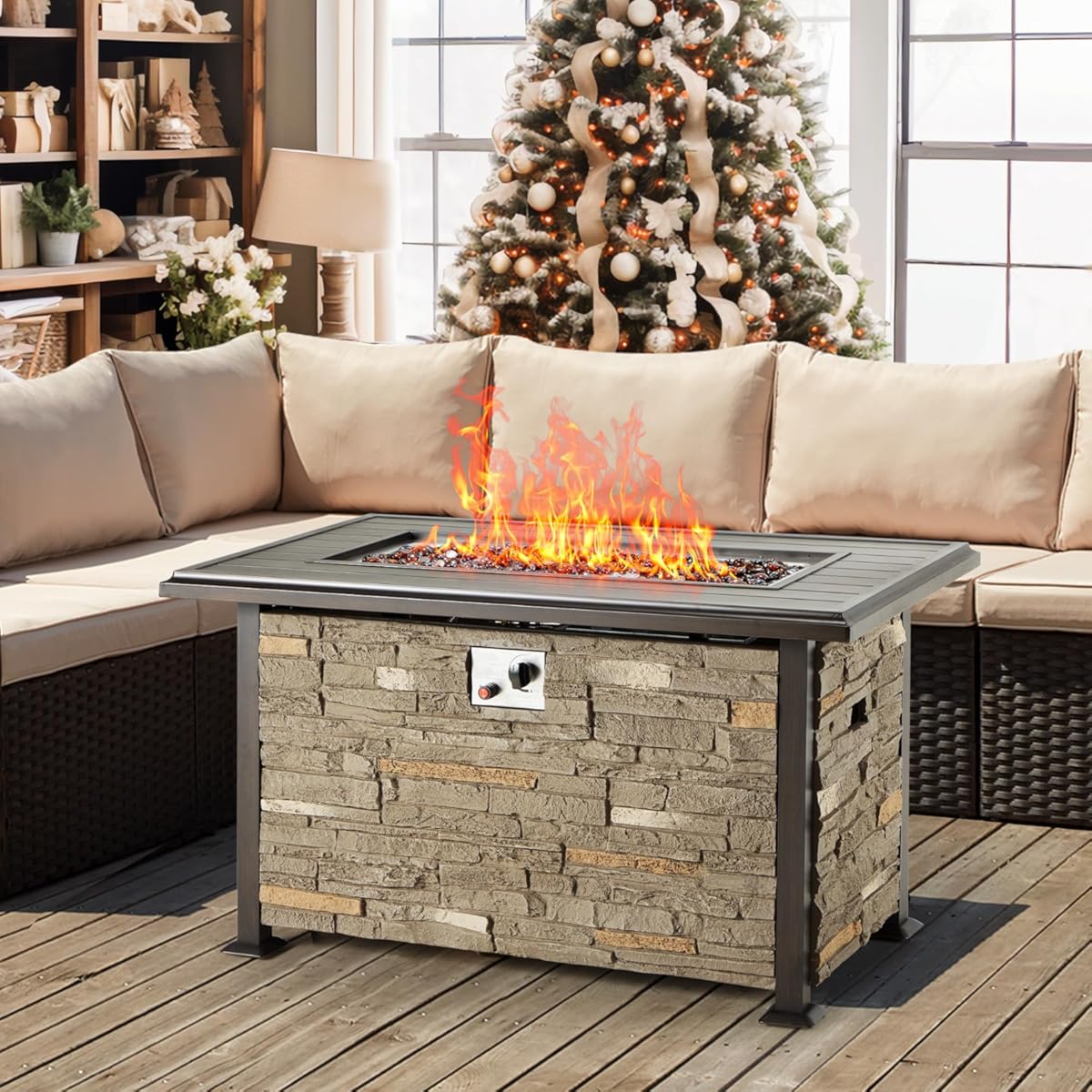 Vicluke 44 Inch Aluminum Propane Fire Pit Table w/Faux Ledgestone, Hand-Painted Table Top, 50,000 BTU Fire Table w/CSA Certification,Waterproof Cover,Glass Rock for Outdoor, Patio, Christmas(Grey)
