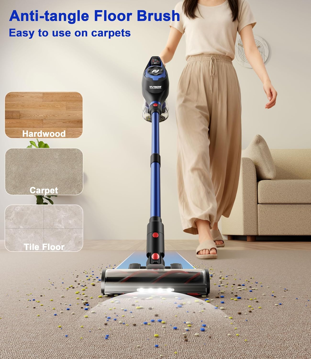 Cordless Vacuum Cleaner for Home, 45Kpa Stick Vacuum, Max 80mins Runtime, 1.5L Dust Cup, Rechargeable Lightweight Handheld Vacuum for Carpet/Hardwood Floor/Pet Hair/Car (Navy Blue)