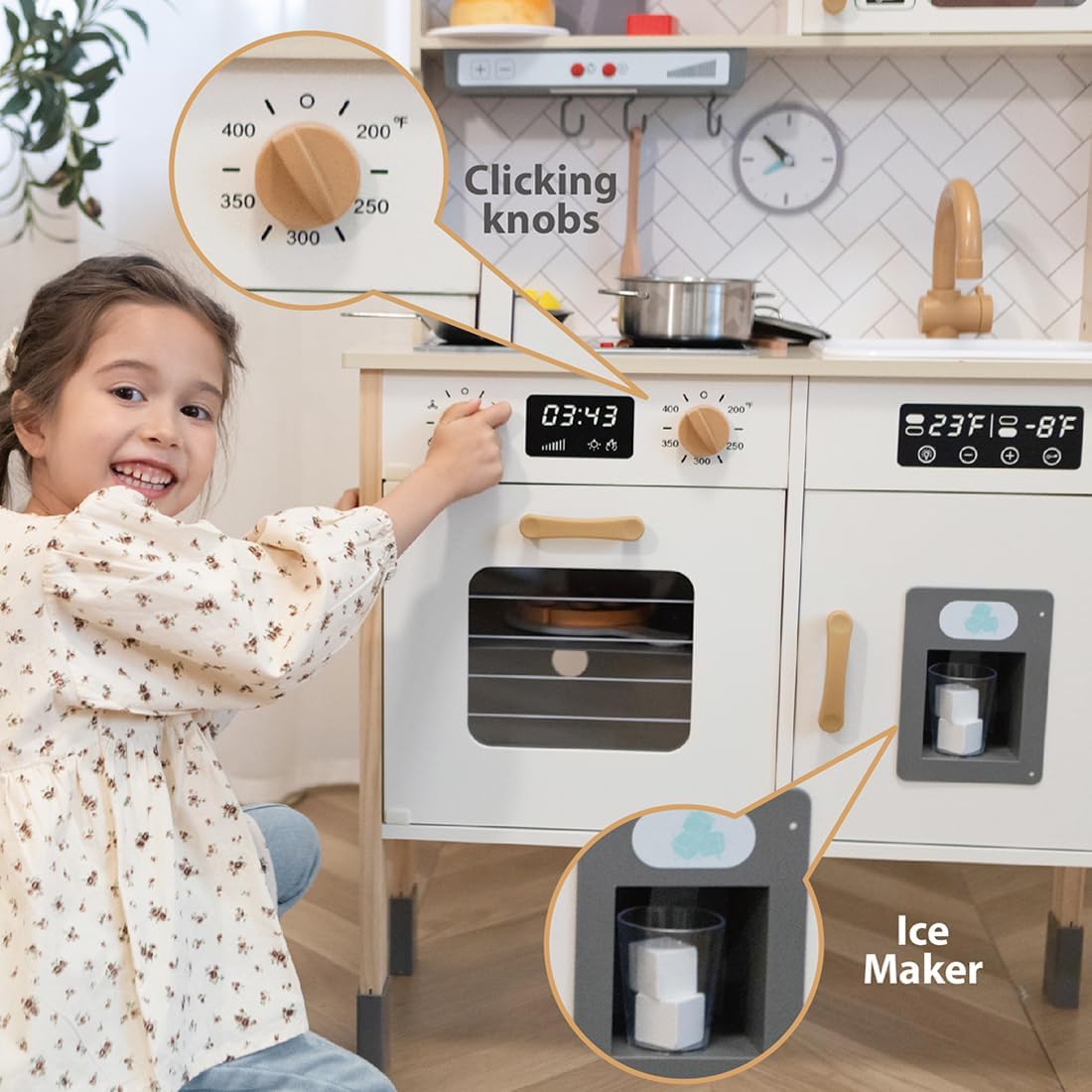 Freniland Wooden Play Kitchen, Kitchen Playset for Kids with Realistic Stove, Range Hood, Oven, Ice Maker, Microwave, Sink, with Light & Sound, 18 Accessories, Pretend Toy Kitchen, Gift for Ages 3+