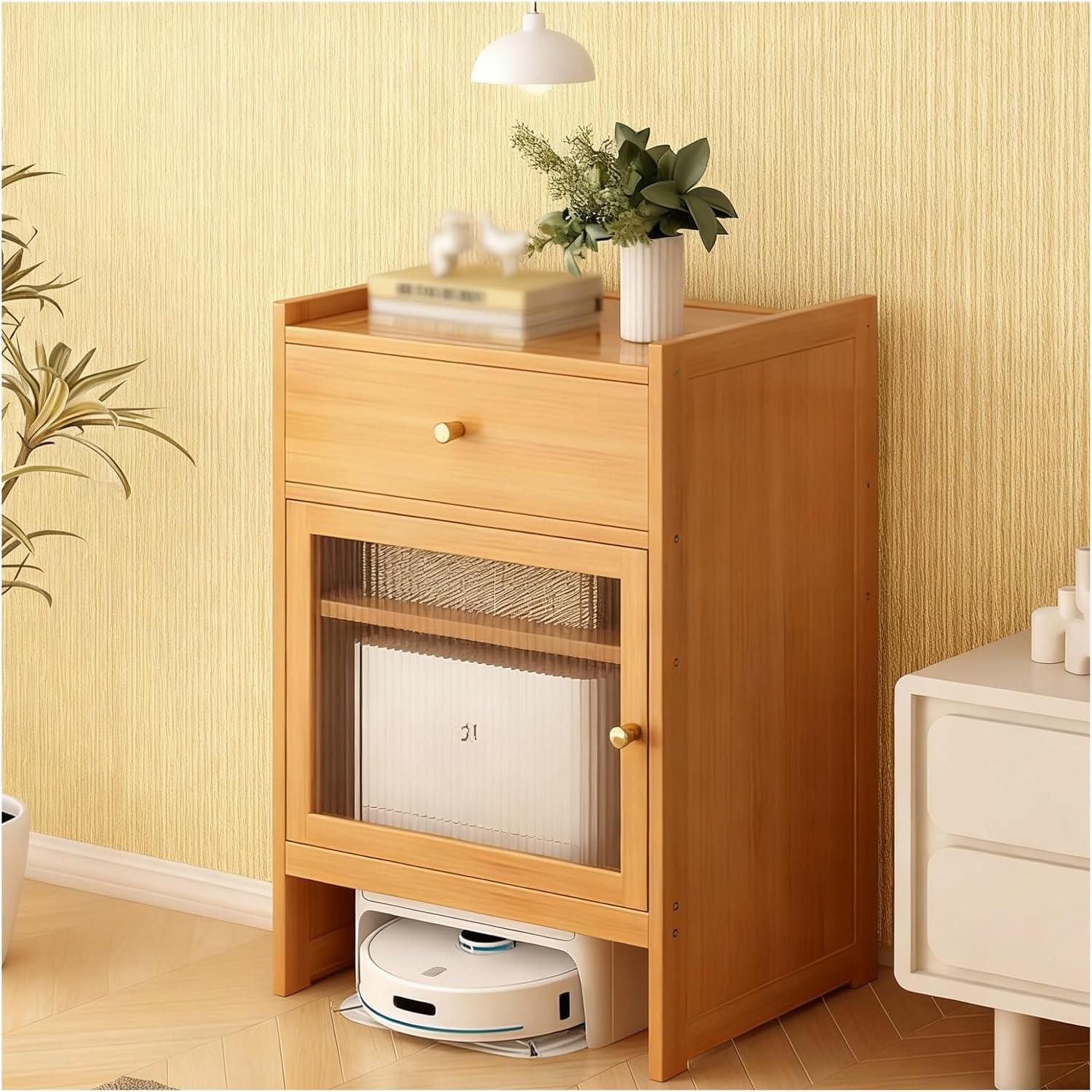 Vacuum Cabinet, Robot Vacuum Hidden Cabinet Accent Side Tables for Living Room, Bedroom, Bathroom, Balcony, Save Space(Natural)