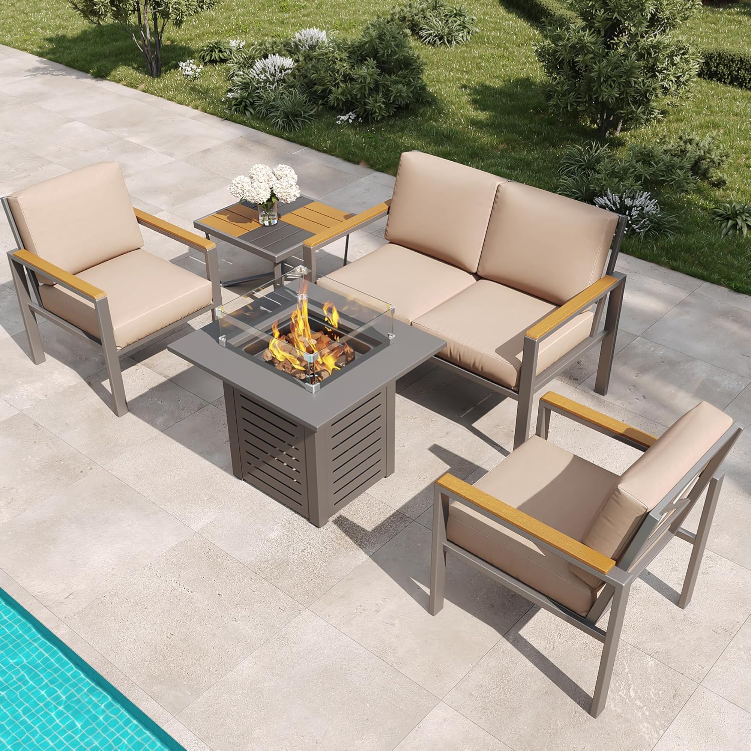 MBY 5-Piece Modern Patio Furniture Set with Fire Pit Table, Metal Outdoor Sectional with Cushions & Wood-Like Armrests, Cozy Conversation Set for Porch, Balcony, Garden, Yard-Brown
