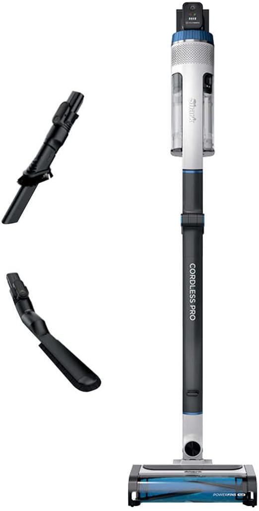 Shark UZ565H Pro Cordless Vacuum w/ Clean Sense IQ & MultiFLEX Technology, PowerFins Plus Brushroll, Duster Crevice Tool & Anti-Allergen Dusting Brush, Up to 40 Minute Runtime, White/Blue (Renewed)