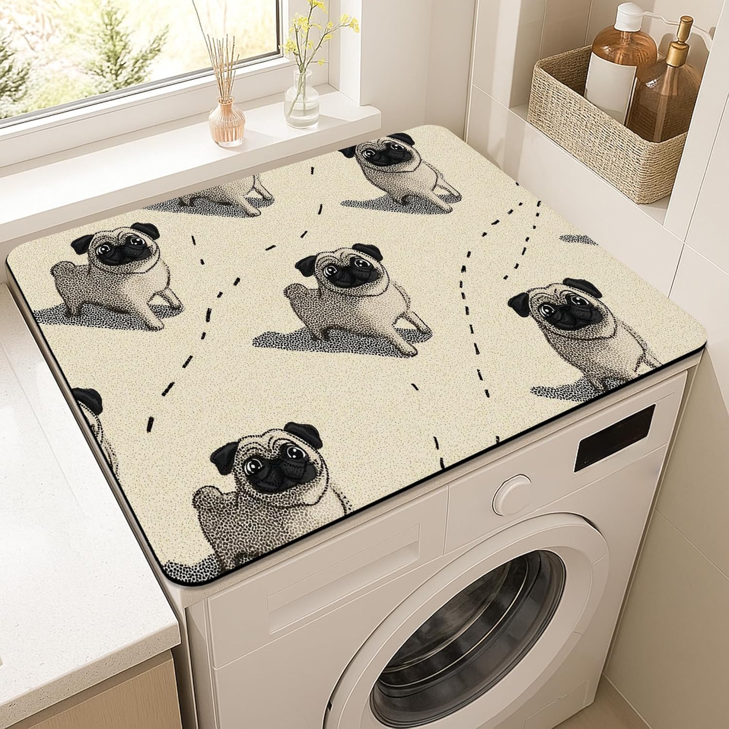 Pug Washer Dryer Top Protector Mat, Vintage Style Pug Pattern Laundry Machine Dust Covers, Playful Dog Decorative Rubber Anti-slip Waterproof Washer And Dryer Mats for Home 20x24 Inch