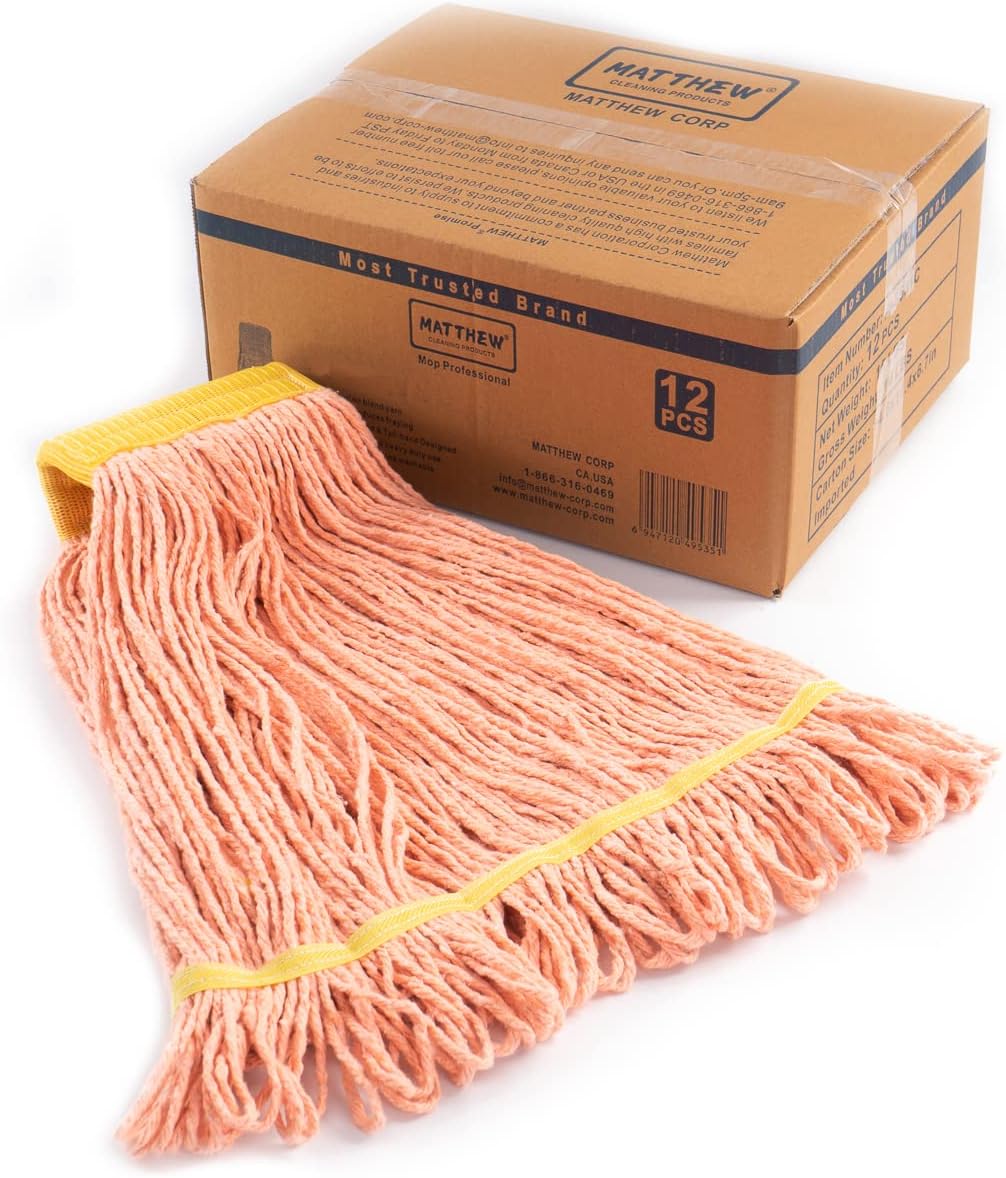Matthew Cleaning 14 oz Small Mop Head Replacement, 5 Inch Wide Headband, Looped End Cotton Blend String Mini Mops for Floor Cleaning, Orange Case Pack 12 Pcs