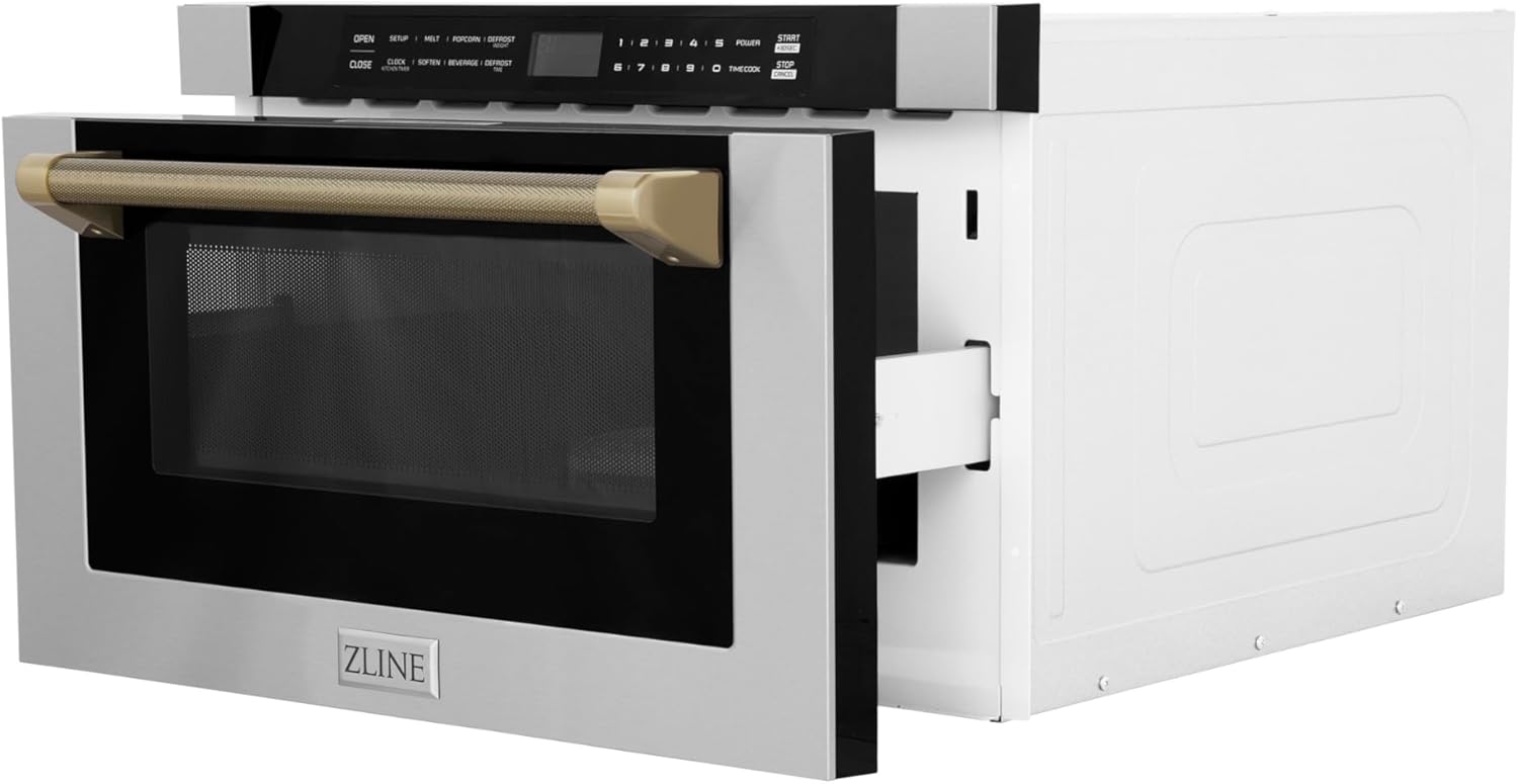 ZLINE Autograph Edition 24 in. 1.2 cu. ft. Built-in Microwave Drawer in Stainless Steel and Champagne Bronze Helix Handle (MWDZ-1-H-KCB)