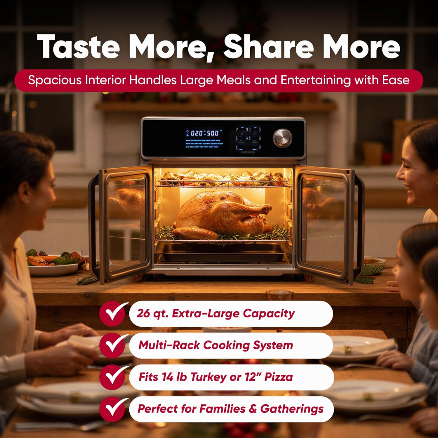 Large Air Fryer Oven 26-Quart |10-in-1 Countertop Stainless Steel Toaster Oven Combo | Non Toxic Family Size Air Fryer - Frying, Baking, Toasting, Dehydrating, Rotisserie | 1700W 360° Heating