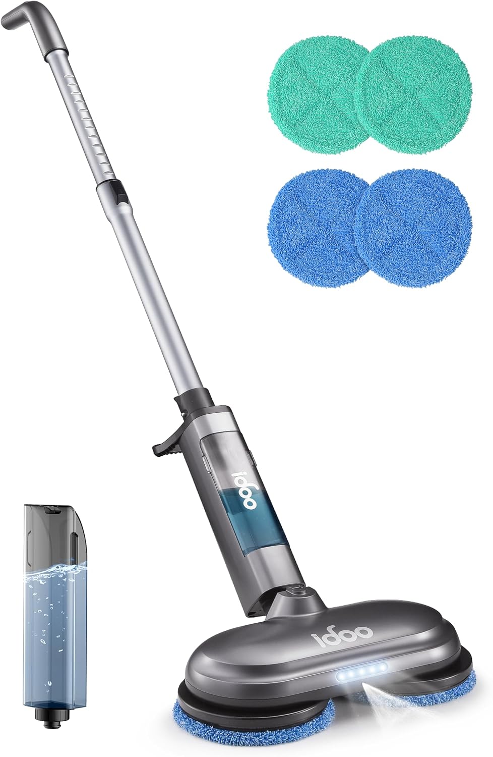 iDOO Cordless Electric Mop with Water Spray & LED Headlight, 350ml Water Tank, Electric Spin Mop, Polisher for Hardwood, Tile Floors, Quiet Self Propelled, Powerful Floor Cleaner with 4 Scrub Pads