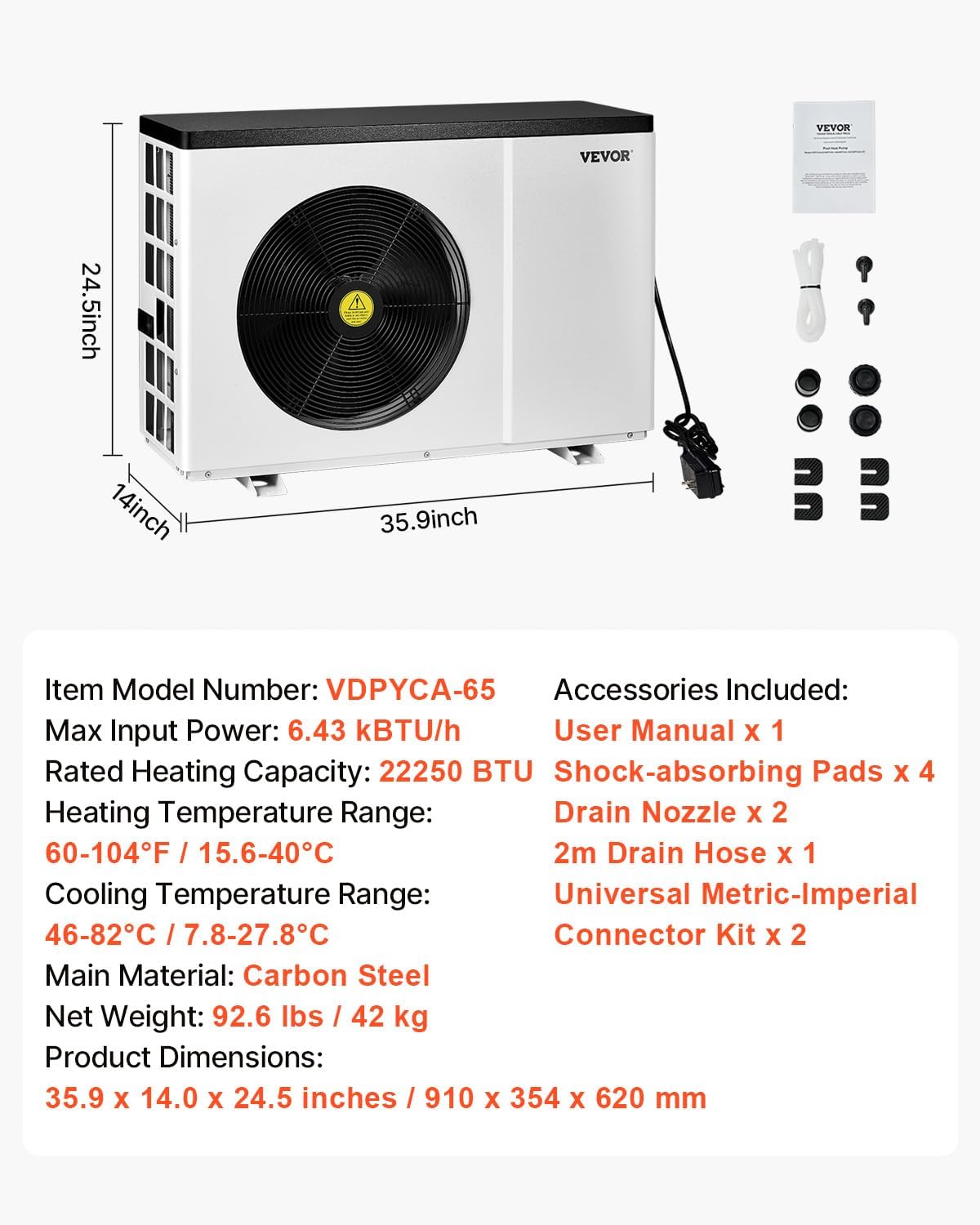 VEVOR Pool Heat Pump, 22250 BTU Electric Heater for Above Ground and In Ground Pools up to 3,171-6,605 Gallons, Energy Efficient Heating and Cooling, Low Noise, 120V/60Hz