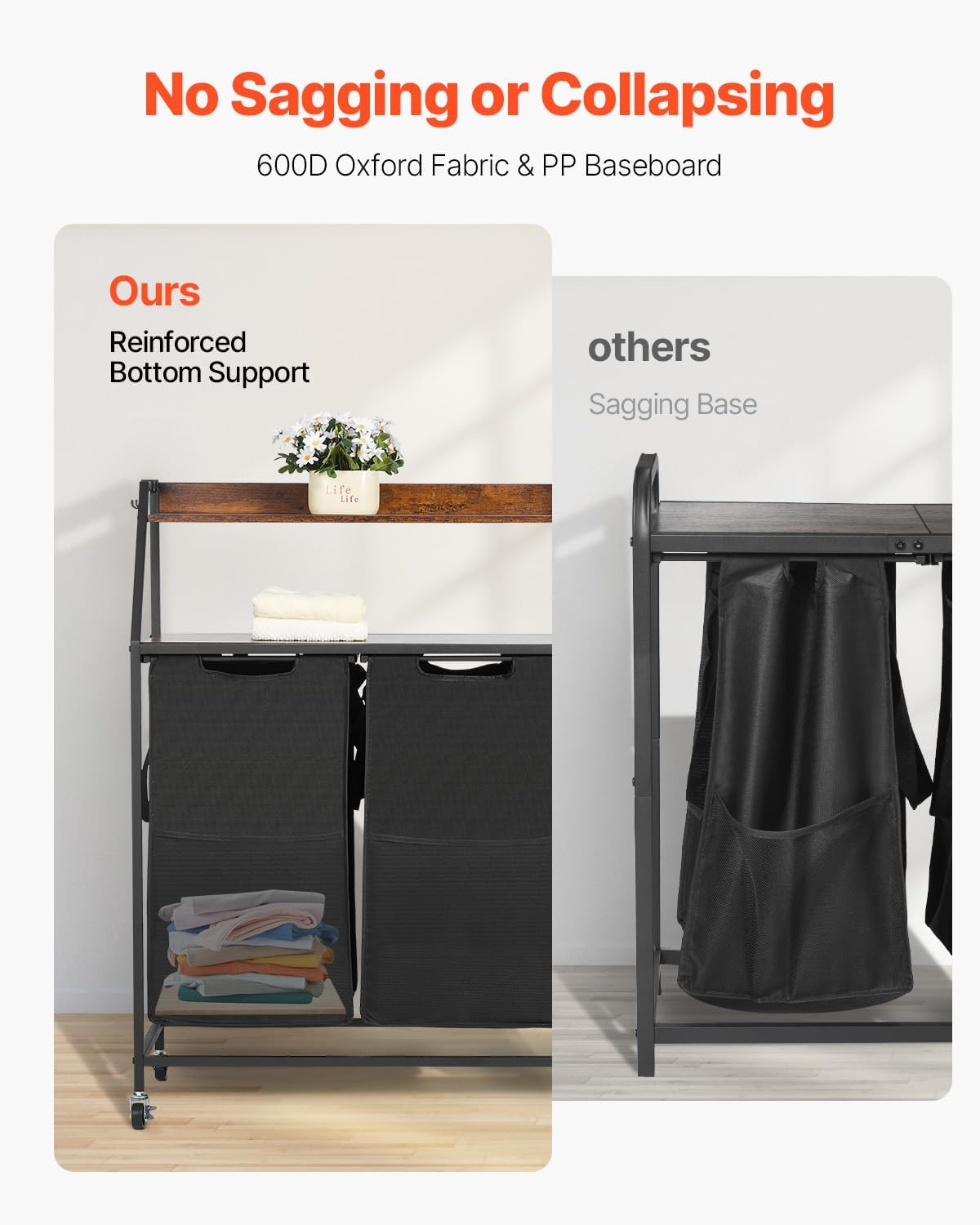 VEVOR 2 Tiers Laundry Sorter, Tall Laundry Hamper with Metal Frame and Wooden Tabletop, 3 Section Rolling Basket Organizer Storage with Ladder Shelves and 600D Oxford Cloth Bags for Dirty Clothes