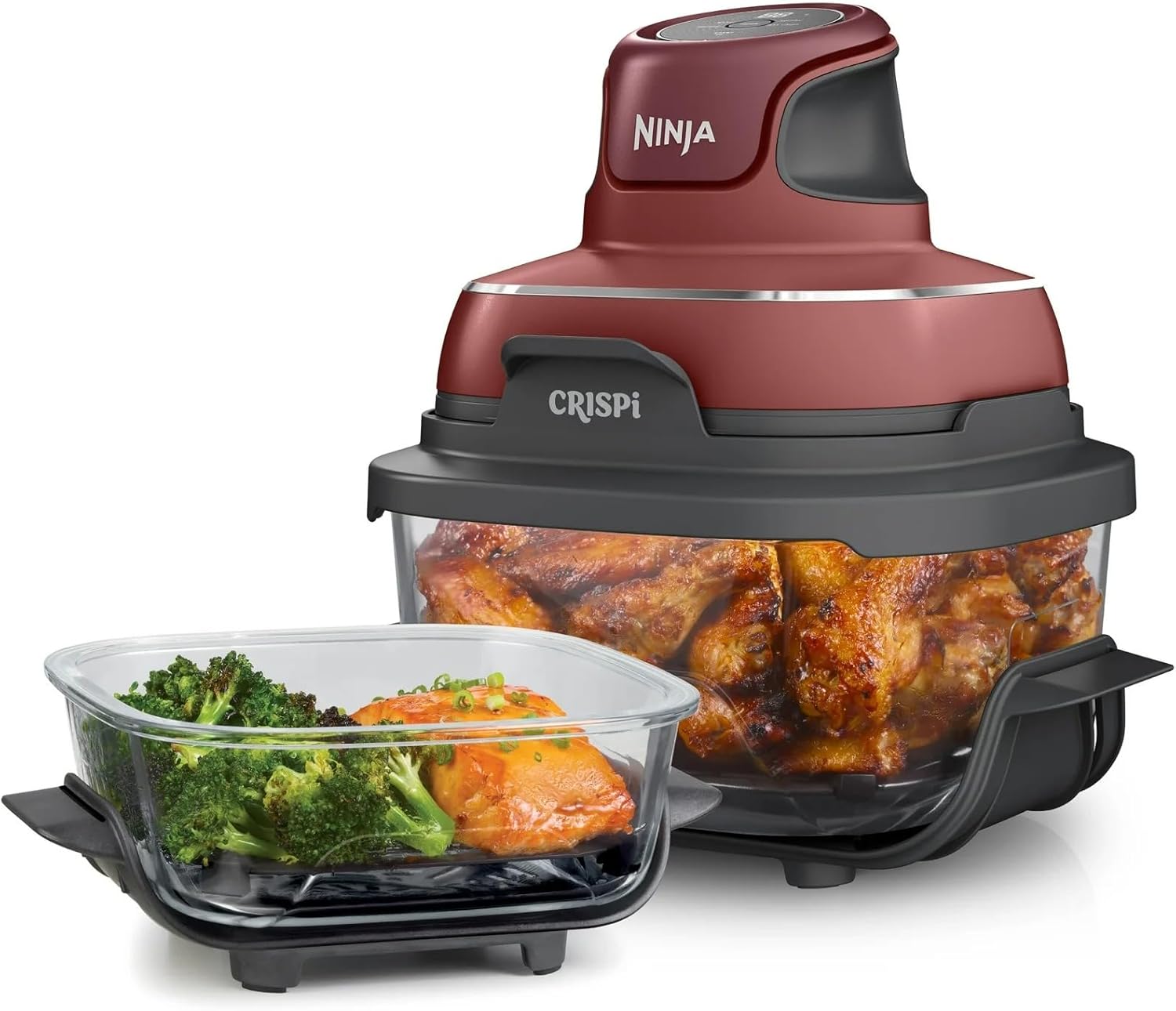 Ninja FN100RD Crispi Air Fryer, Microwave, Freezer & Dishwasher Safe, Non Toxic Glass Portable Cooking System, 4 QT & 5 Cup Glass Containers with Storage Lids, Easy Meals, Cherry (Renewed)