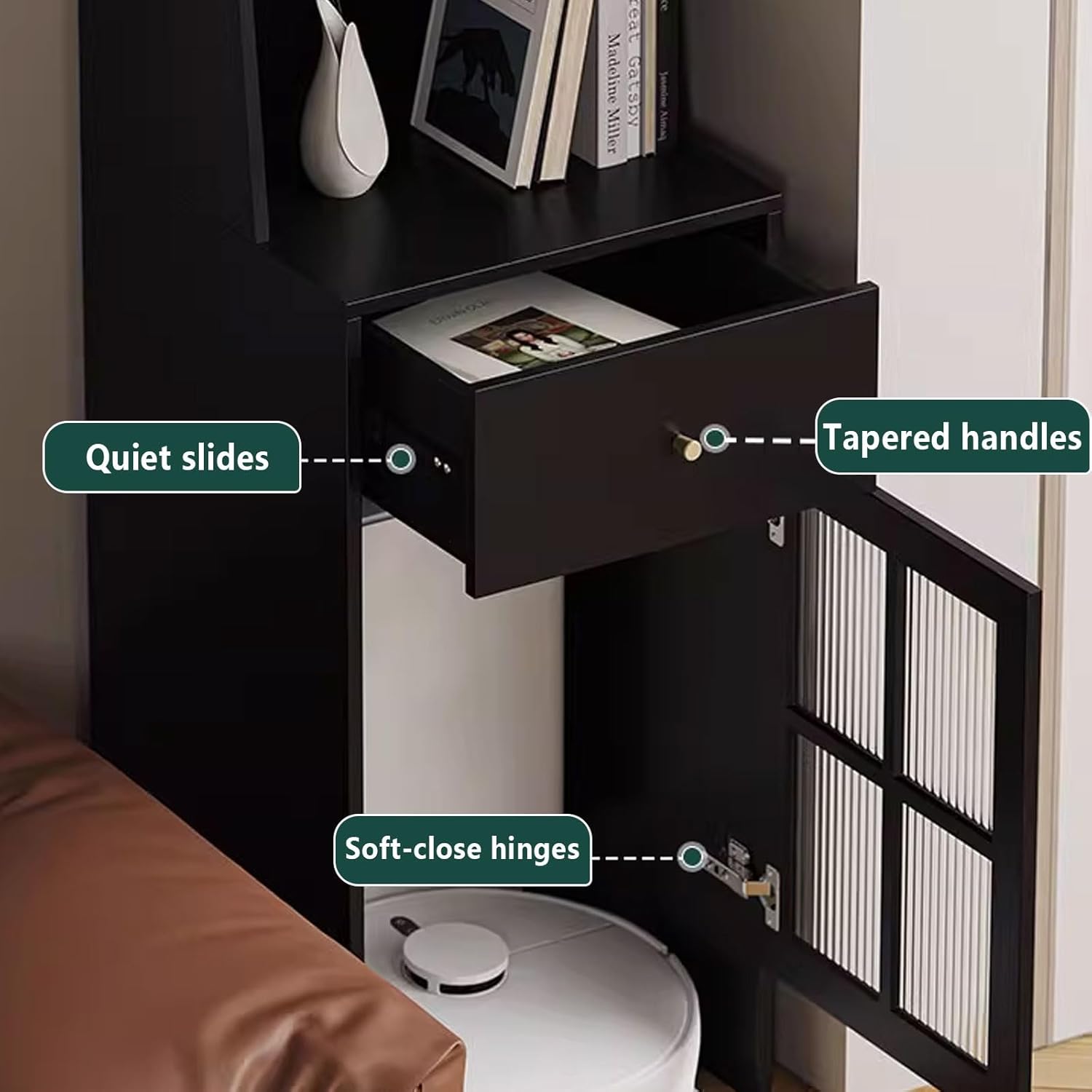 Robot Vacuum Stand Cabinet Living Room Storage Shelf Made of Solid Wood Particle Board with Doors and Drawers Multi-Functional Modern Vacuum Storage Stand(Champagne)