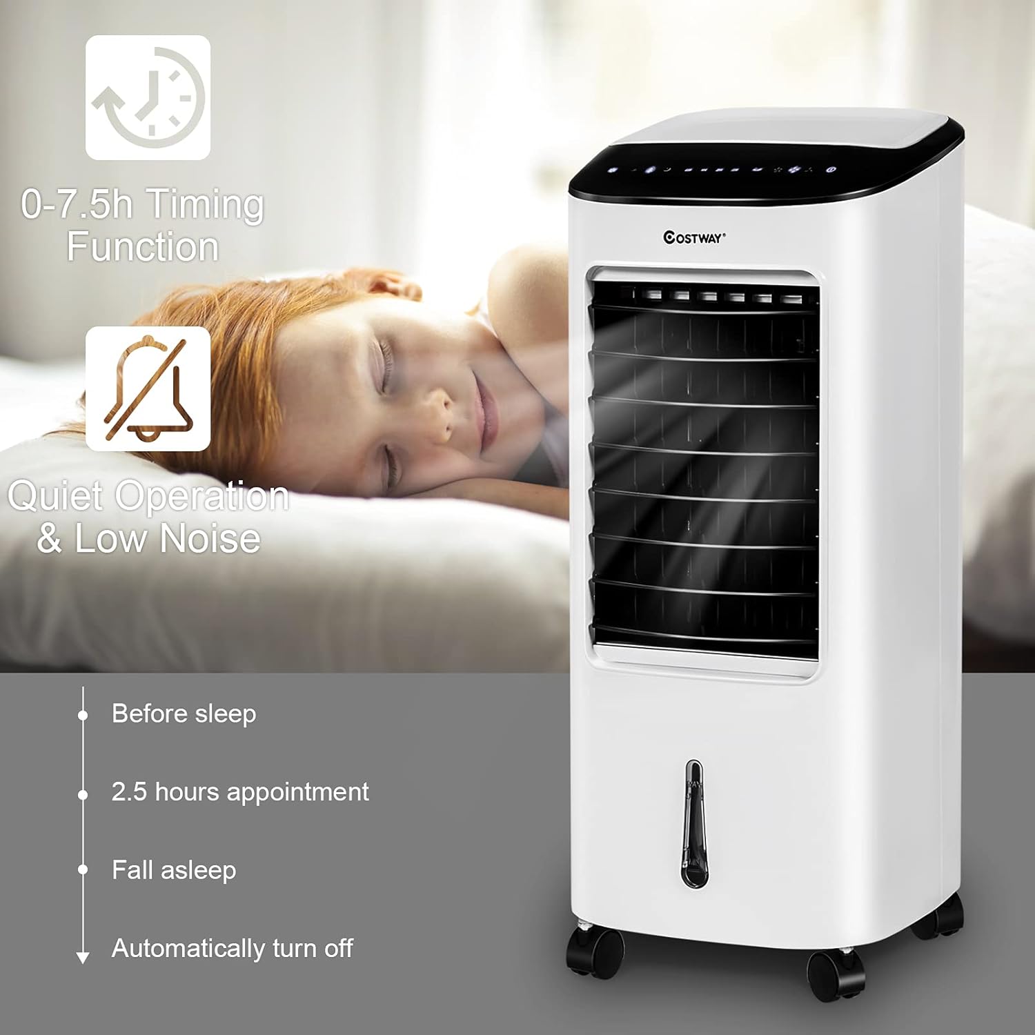 COSTWAY Portable Evaporative Air Cooler for Room, Remote Control, 3-Mode, 7.5H Timer, Include Ice Crystal Boxes, Casters and Water Tank, Bladeless Swamp Cooler for Home Office, Indoor Use, White