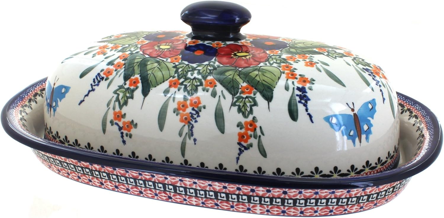 Blue Rose Polish Pottery - Red Floral Butterfly Bread Container - 15