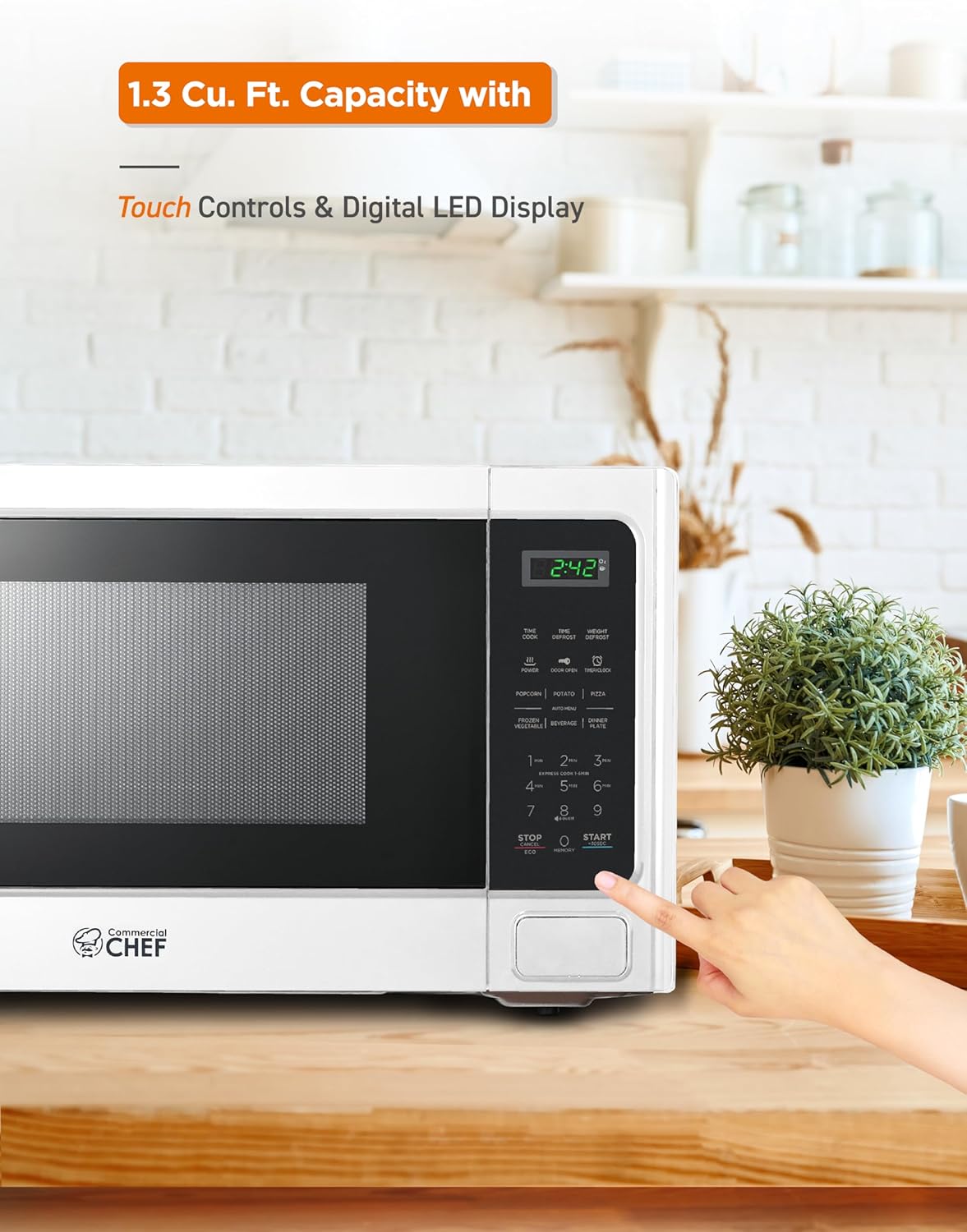 COMMERCIAL CHEF Microwave 1.3 Cu Ft with 10 Power Levels, Microwave with Push Button Door Lock, 1000W Countertop Microwave with Timer and Digital Controls, White