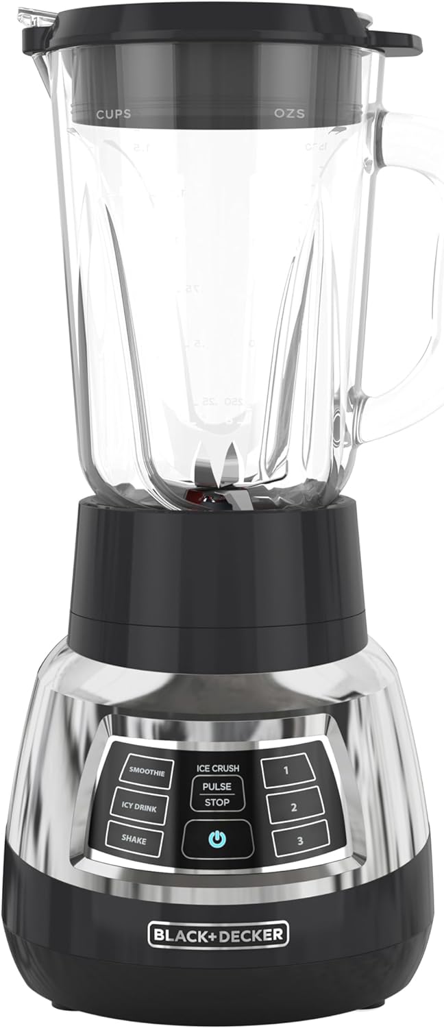 Black+Decker Quiet Blender with 6-Cup Cyclone Glass Jar, 3 Speeds + 3 Functions & Serrated Blade Technology for Faster Blending, Pulse Button and 24-oz Personal Jar, 900W