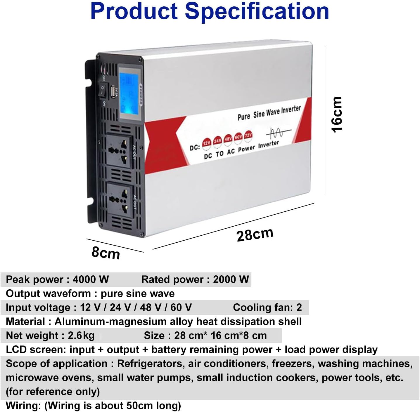 Power Inverter, Pure Sine Wave Inverter, Aluminum Alloy Material, DC to AC Car Inverter, for Washing Machine, Microwave Oven, Electric Drill, with Real-Time Display Voltage,12V-4000W