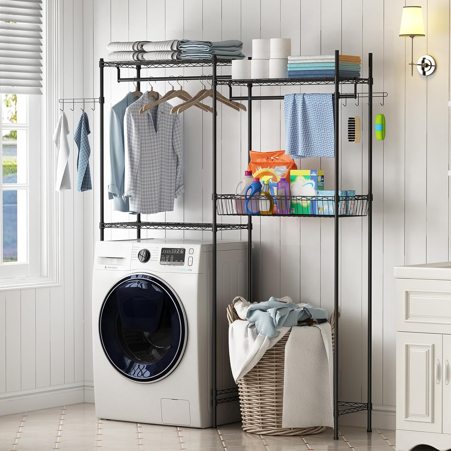 GarveeHome Over Washer and Dryer Shelves, 57.4 in W Laundry Room Clothes Drying Rack, Height Adjustable Towel Racks with Hamper and Hooks, Space Saving Laundry Room Organization and Storage