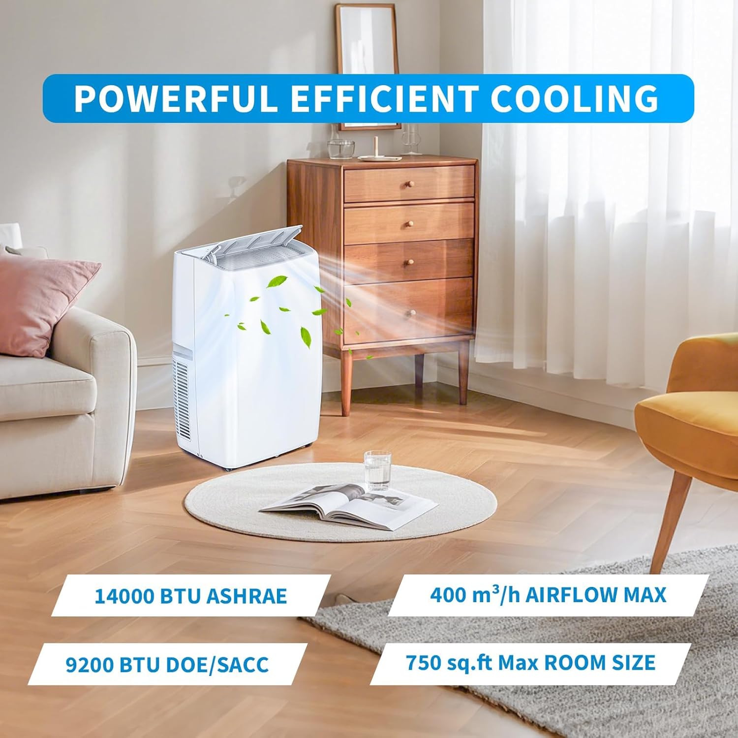14,000 BTU Portable Air Conditioner - 3 in-1 AC Unit with Remote Control, Ultra-Quiet Cooling for Rooms up to 750 sq. ft., 24H Timer, Sleep Mode, Window Kit for Bedroom Office Dorms