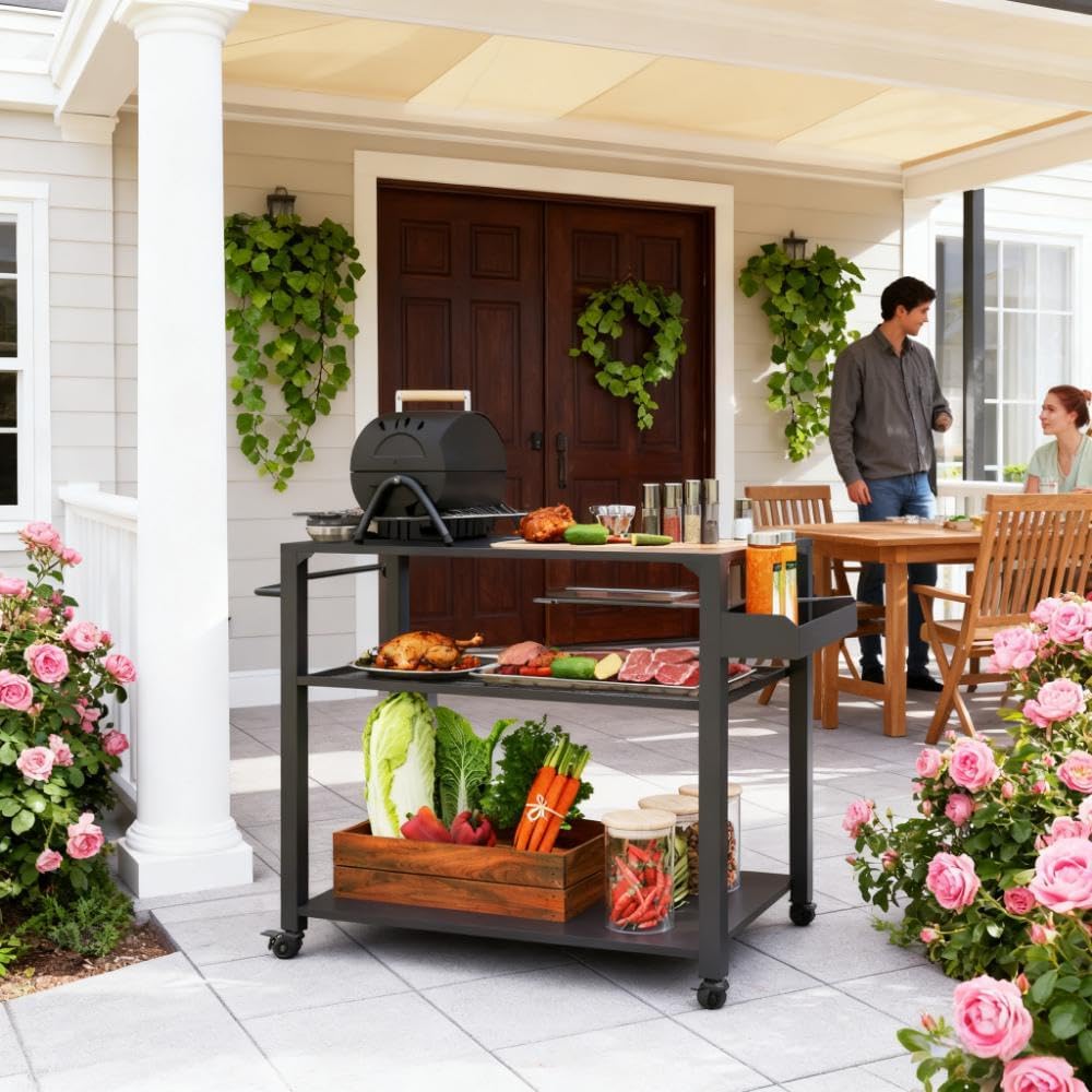 Mobile 3-Tier Outdoor Grill Cart with Wheels, Storage Shelves & Side Handles - Heavy-Duty Steel Frame