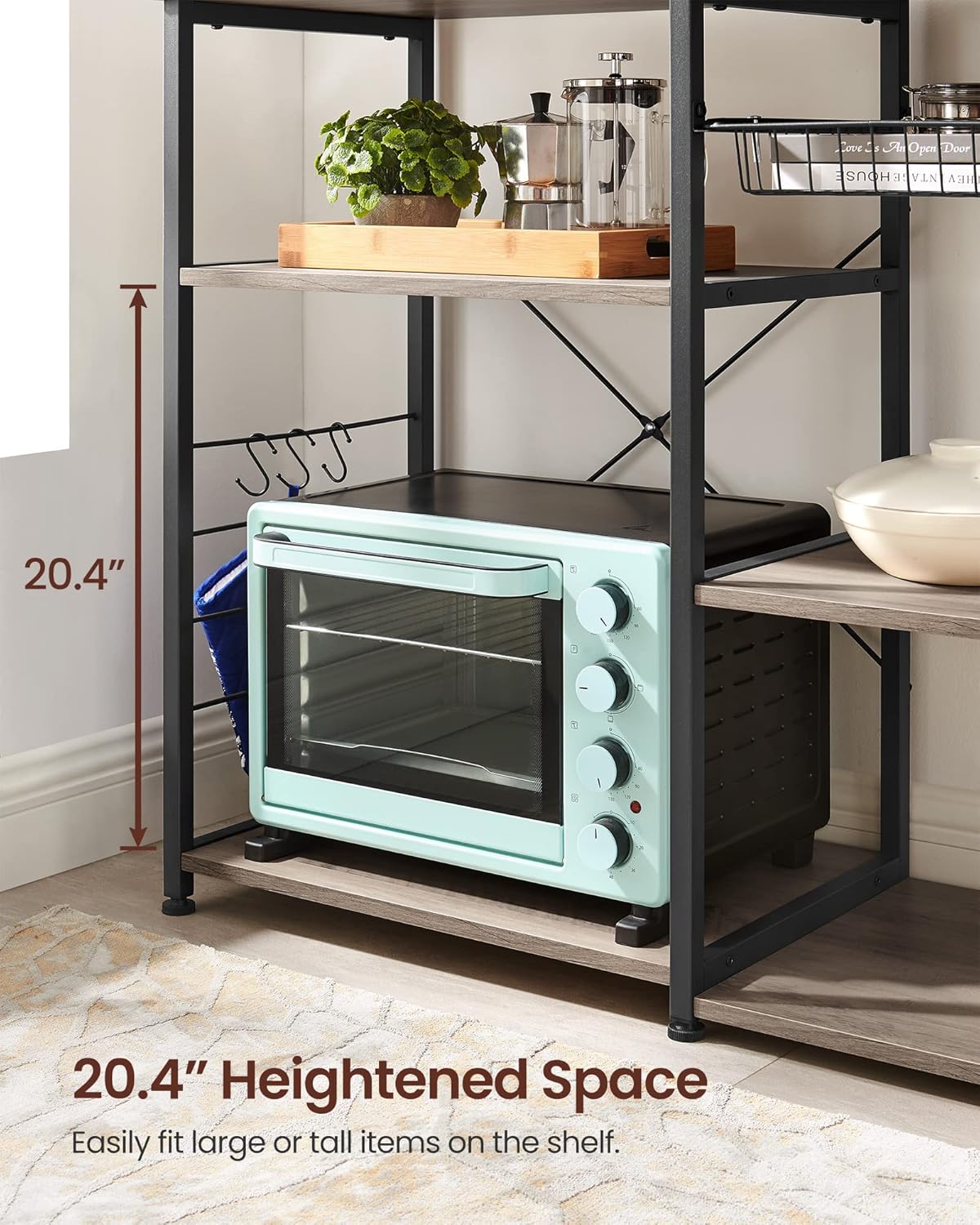 VASAGLE ALINRU Kitchen Baker’s Rack, Coffee Bar, Microwave Oven Stand, with Steel Frame, Wire Basket, 6 Hooks, for Mini Oven, Spices Utensils, Industrial, Heather Greige and Ink Black UKKS090B02