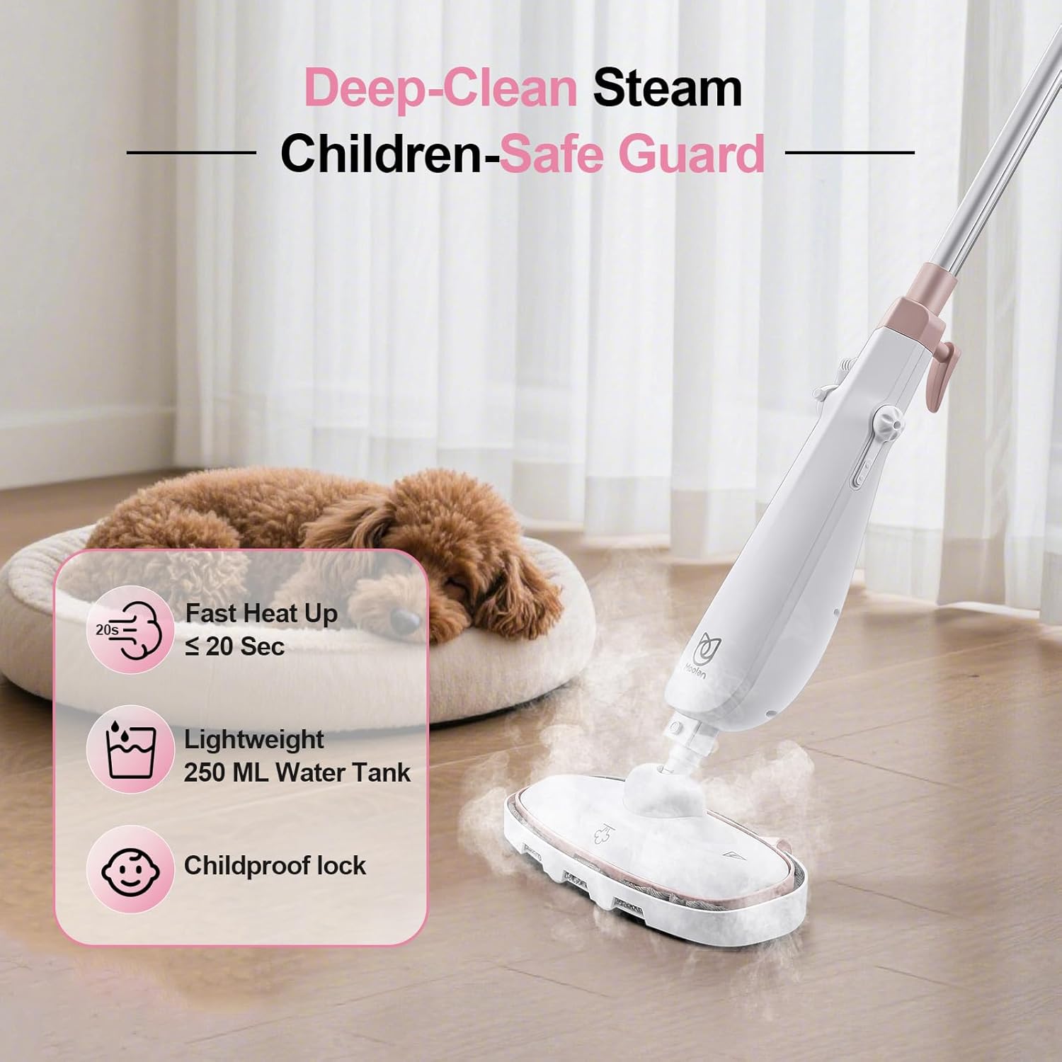 Moolan Steam Mop, 15s Fast Heat-Up Steam Cleaner with 2 Washable Pads, Chemical-Free Hard Floor Cleaning for Carpet, Tile, Laminate, Hardwood, Self-Standing with Adjustable Handle