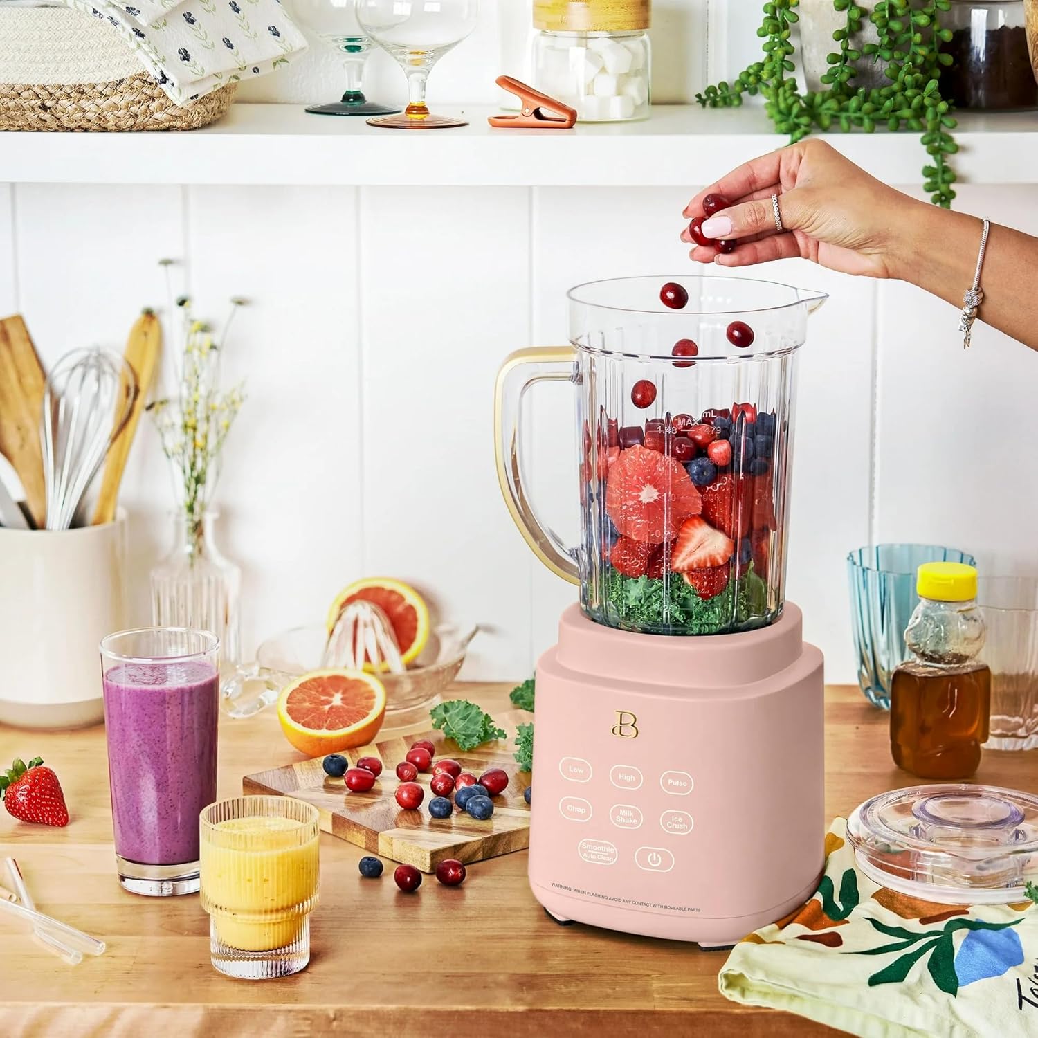 Beautiful PowerExact Blender System with 700W Motor, 50oz Tritan Jar, 20oz Single-Serve Cup, No Drippy Sippy™ Lid, 3 Speeds & 4 Pre-sets by Drew Barrymore (Rose)