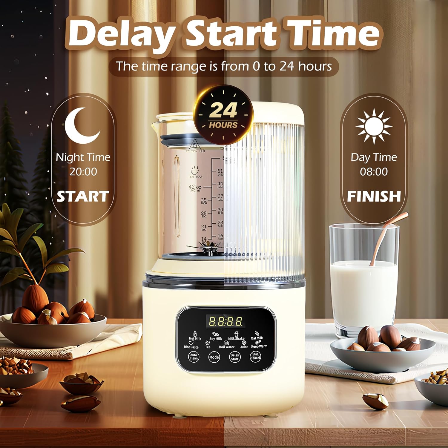 55oz Almond Milk Maker, Oat Soy Milk Maker Machine, Automatic Countertop Blender, Keep Warm, Delay Start, Nut Milk and Rice Paste Making, Automatic Cleaning
