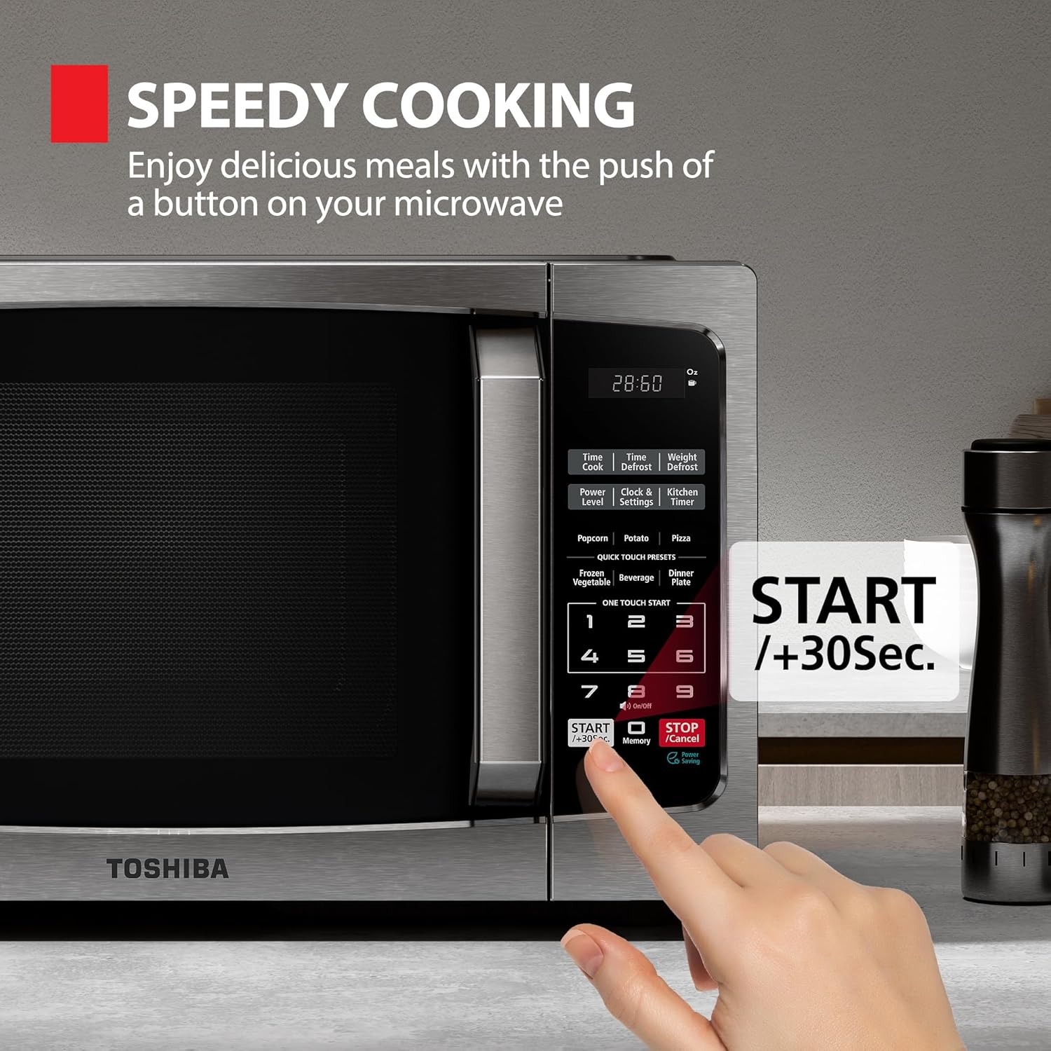 TOSHIBA ML-EM09PA(SS) Small Microwave Oven with 6 Auto Menus, Mute Function & Child Lock, LED Lighting, Perfect for Apartments & Dorms, 0.9 Cu Ft, 10.6 Inch Removable Turntable, 900W, Stainless Steel