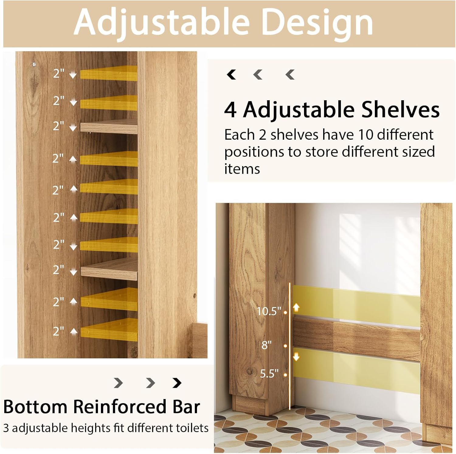 Giantex Over The Toilet Storage Cabinet, Double Door Freestanding Bathroom Organizer w/ 2 Open Compartments & 4 Adjustable Shelves, Bathroom Space Saver, Laundry Room Storage Rack (Natural)