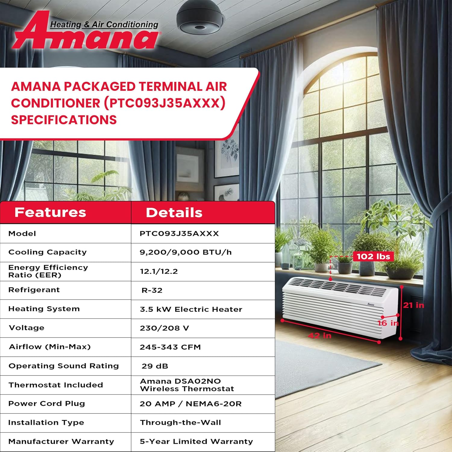 AMANA PTAC 9,000 BTU Air Conditioner Heat Pump PTH093K35AXXX with 3.5 kW Heater 20 Amp plug, White