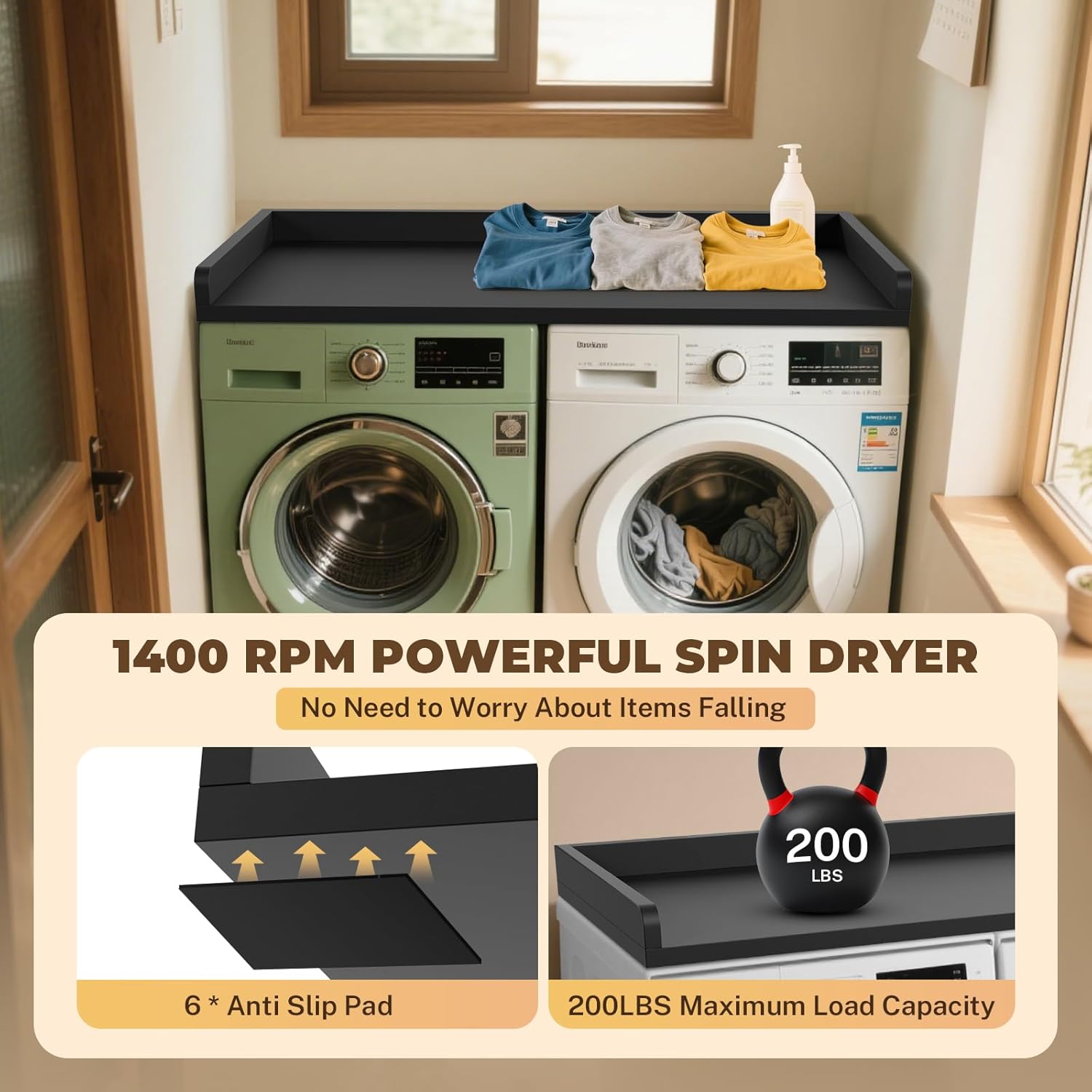 FAHKNS Washer Dryer Countertop - Wood Laundry Washer Dryer Topper with Anti-Slip Mat, 54