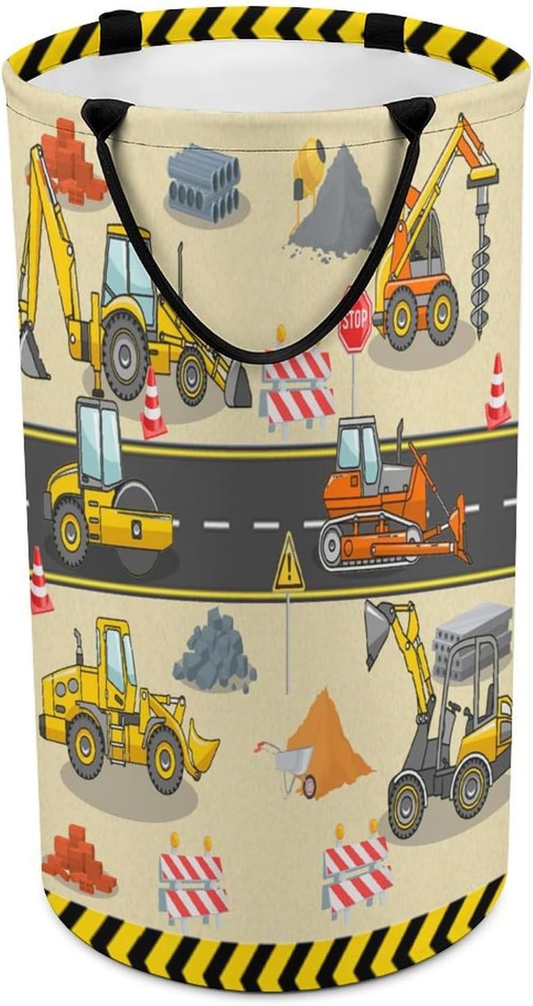Modern Cartoon Construction Truck Laundry Basket Large Volume,Abstract City Engineering Machine Excavator Bulldozer Prints Dirty Clothes Basket Hampers Storage for Dorm And Family 15.7W