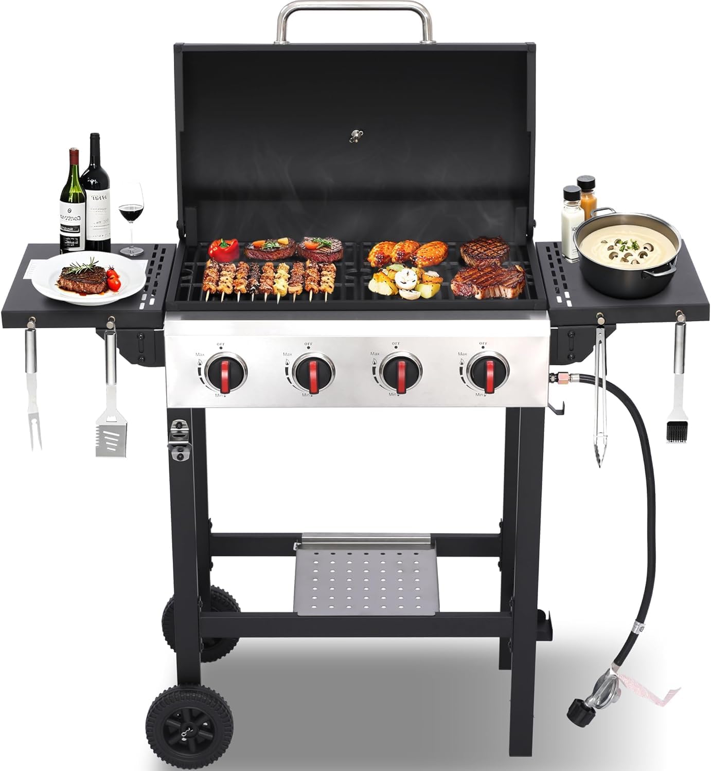 4 Burner Propane Grill | Portable Gas Grills with Foldable Cart Table and Wheels | Heavy Duty with Cast Iron Grate, Stainless Steel,40000 BTU Output, Easy Clean for BBQ Outdoor Grill