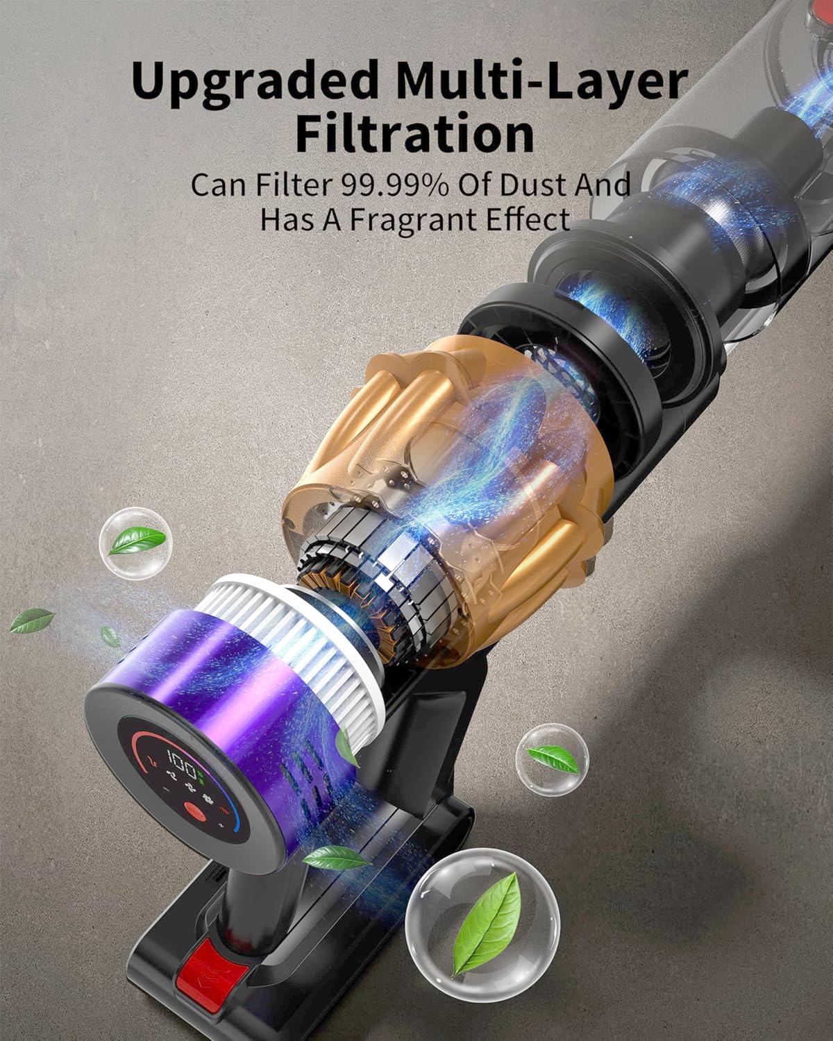 Cordless Vacuum Cleaner, 650W 50KPA 70Mins, Upgraded Vacuum Cleaners for Home, Self-Standing Stick Vacuum with Anti-Tangle Brush, LED Touch Screen for Hardwood/Carpet/Pet Hair/Car