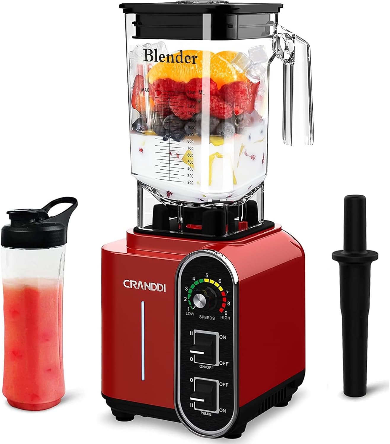 CRANDDI Smoothie Blender 52oz, 1800 Watt Commercial Blenders for Kitchen, Stainless Steel Blade 9 Speed & Self-Cleaning, Build-in Pulse, K98C Red