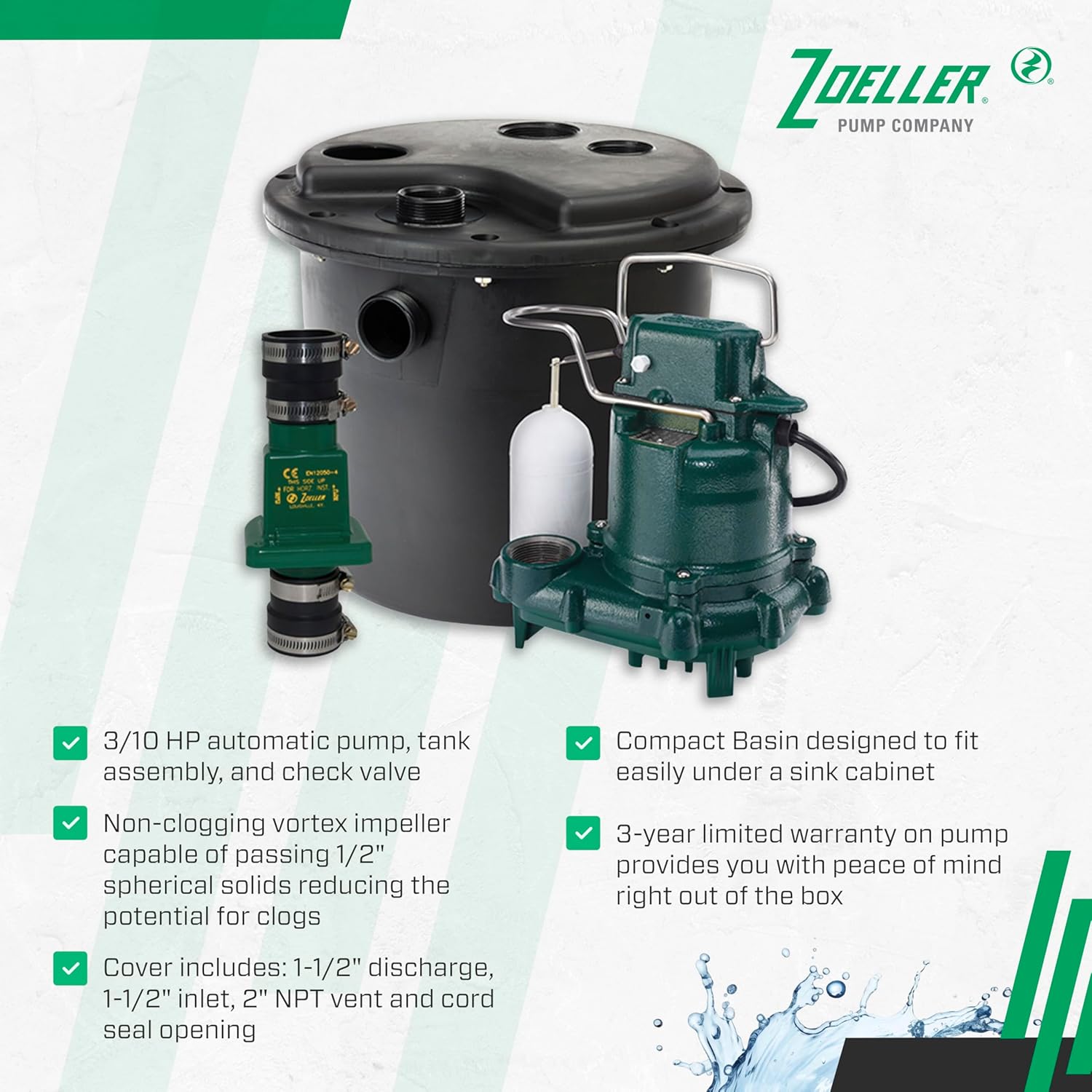 Zoeller 105-001 Automatic Drain Pump System - With 3/10HP Submersible Sump Pump M53 - Utility Pump Ideal for Basements, Wet Bars, Utility Sinks, Dishwashers & Ice Machines - 115V