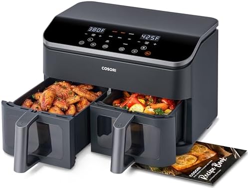 COSORI Dual Air Fryer 9Qt – 10-in-1, Fresh Balanced Meals for Family and Children with Double Baskets, Sync Cook & Finish to Bake, Roast, Reheat, Broil & 130 Recipes for Easy Cooking, Dishwasher Safe